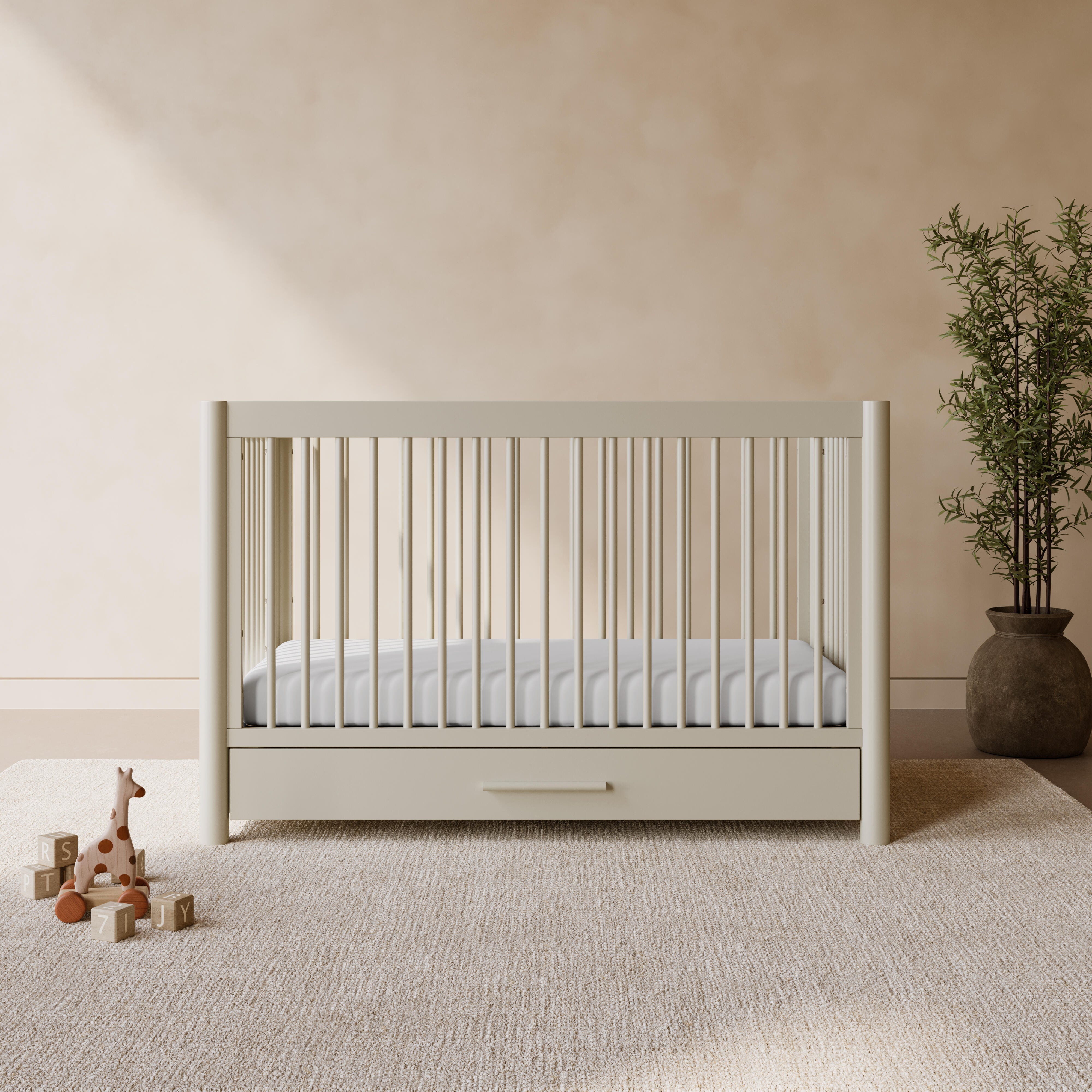 Storkcraft Malta 5-in-1 Convertible Crib with Storage Drawer, Frosted Oat, rollover