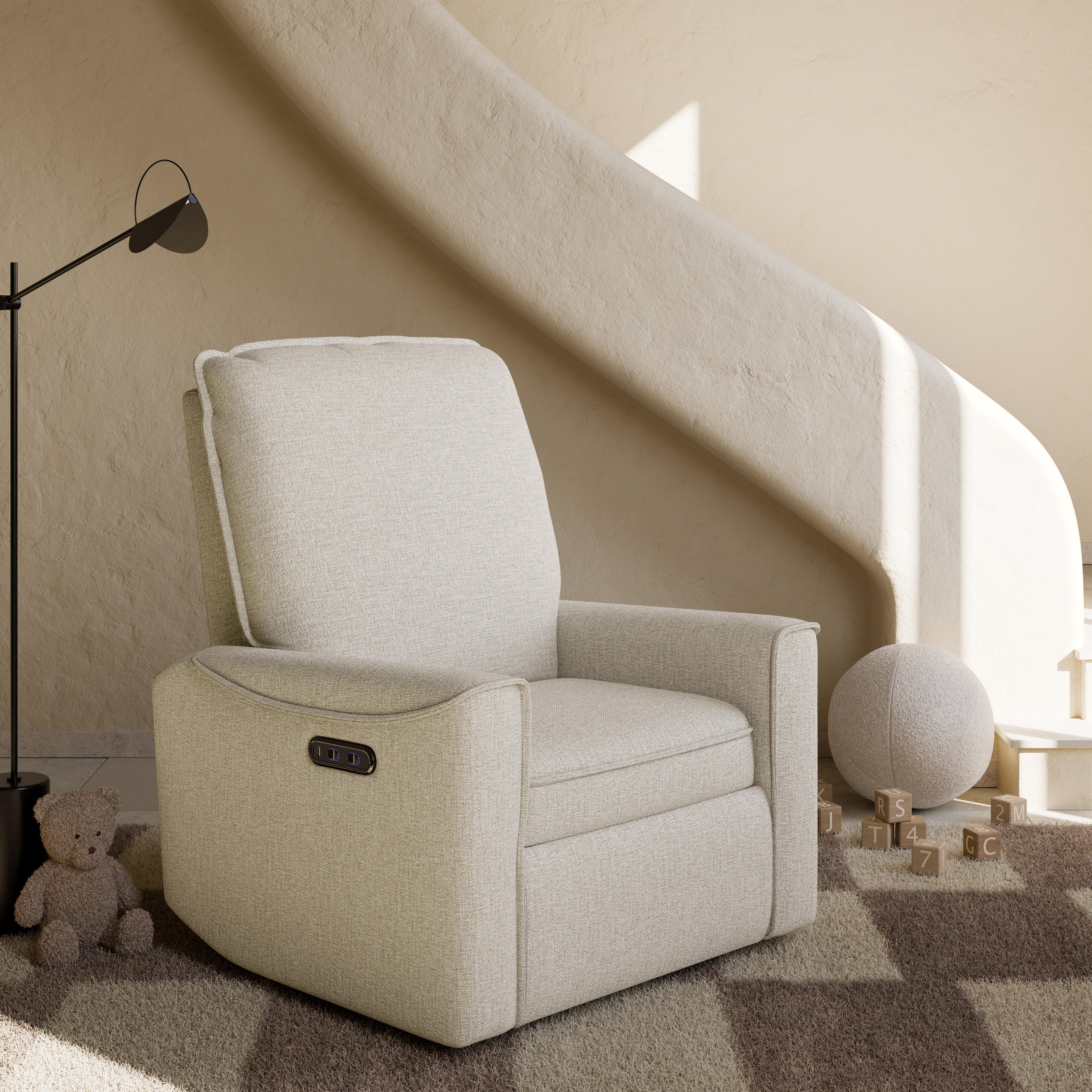 Storkcraft Santos Power Swivel Glider Recliner, Dune, rollover