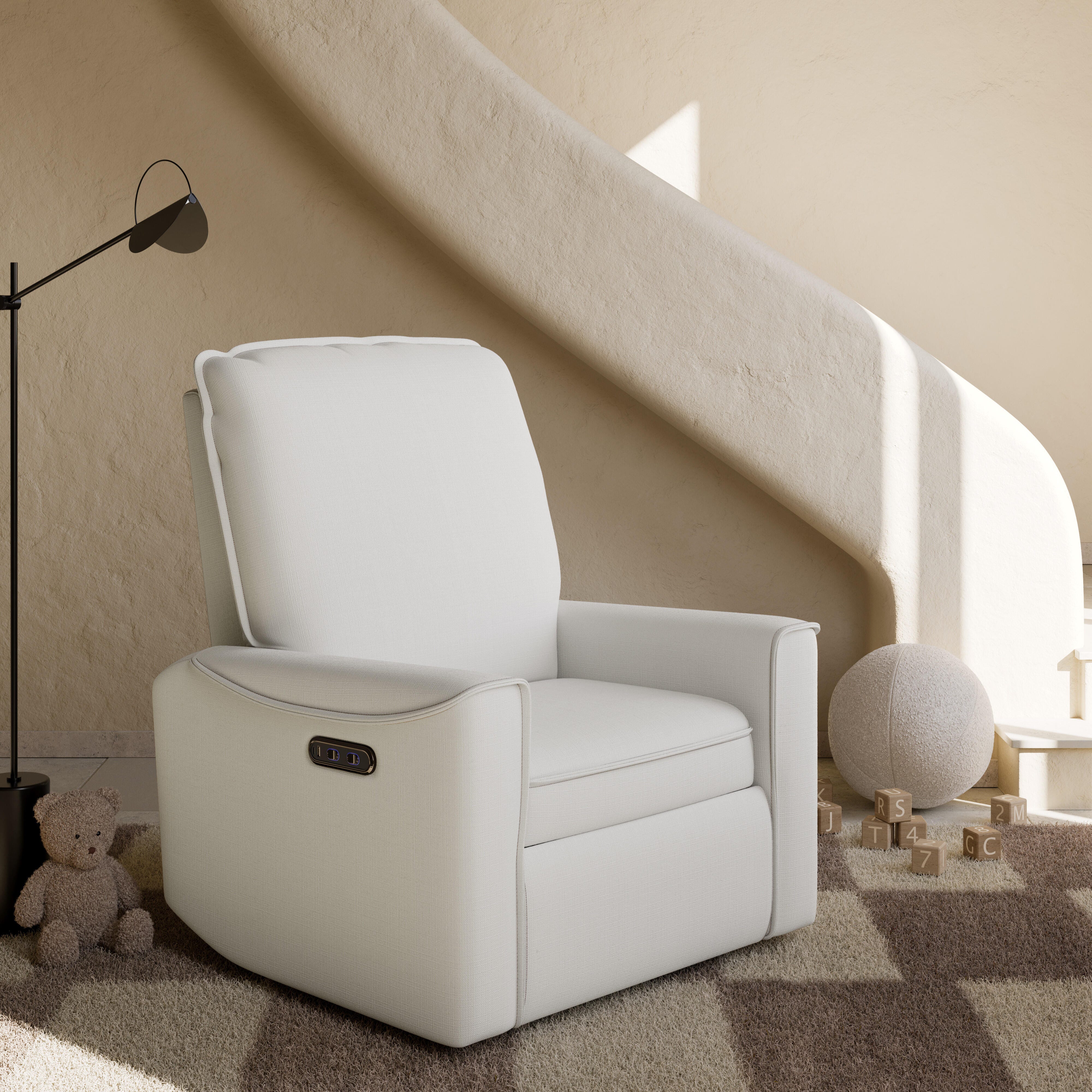 Storkcraft Santos Power Swivel Glider Recliner, Ivory Basketweave, large