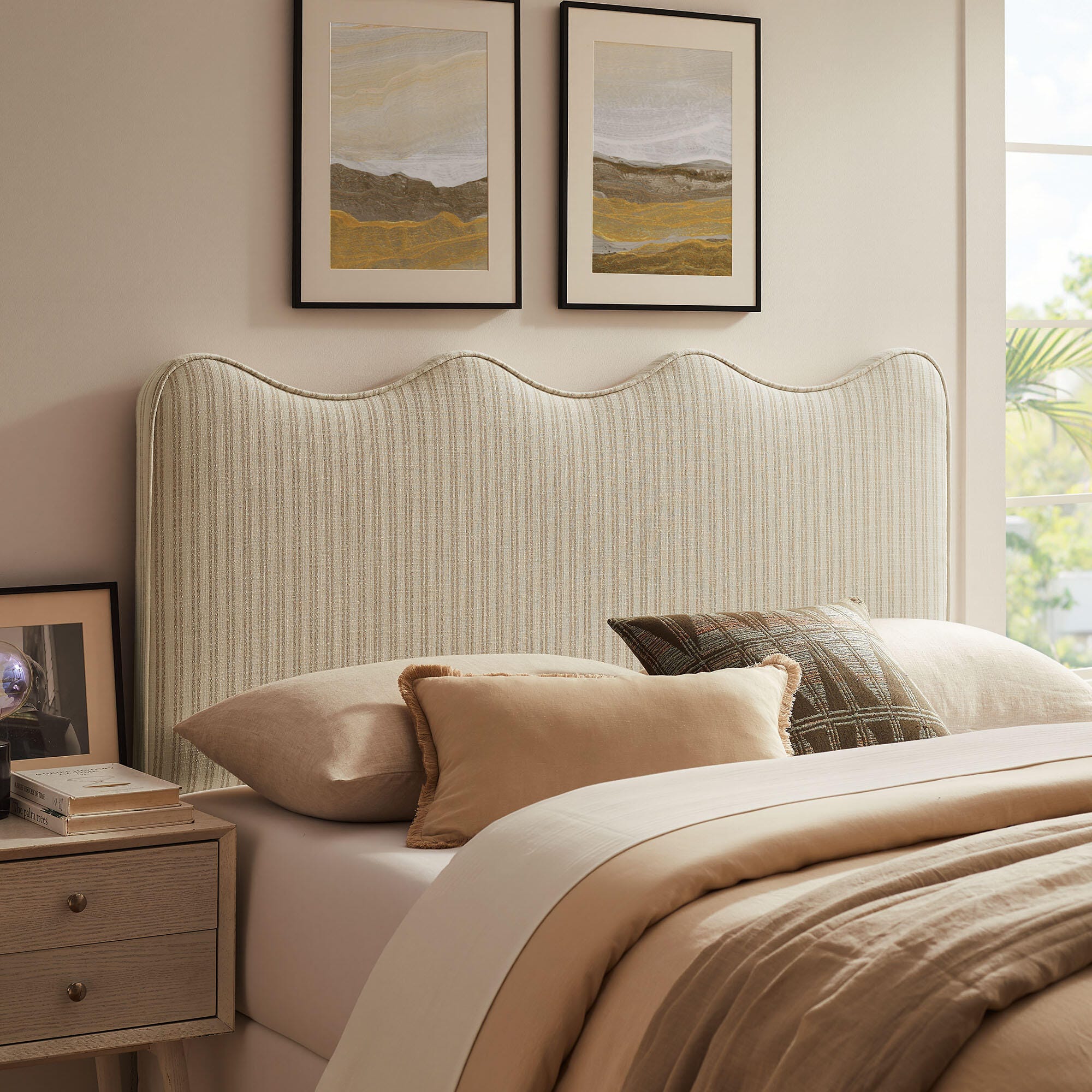 Modway Athena Striped Upholstered Full Headboard, Oatmeal, large
