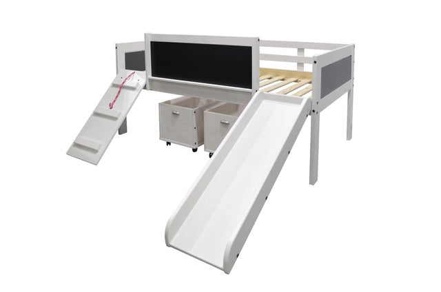 Art & Play Twin Low Loft Bed with Slide and Toy Boxes