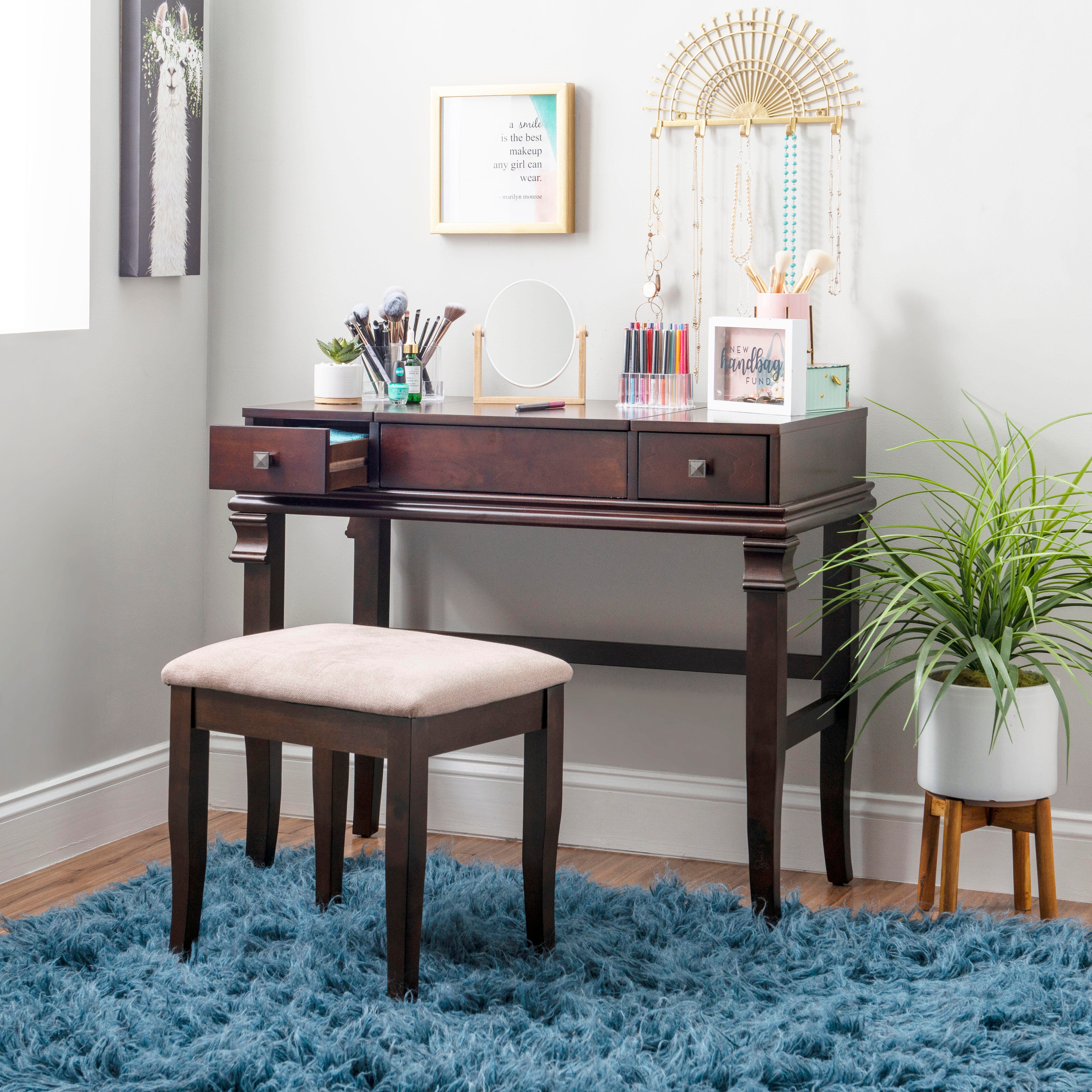 Linon Angela Vanity Set, Walnut, large