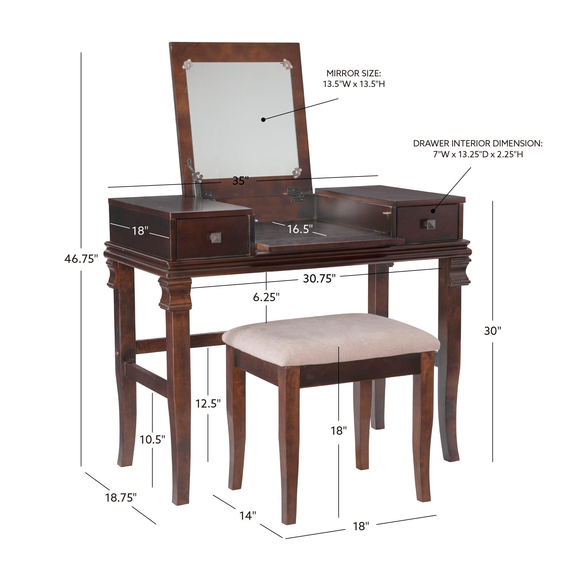Linon Angela Vanity Set, Walnut, large