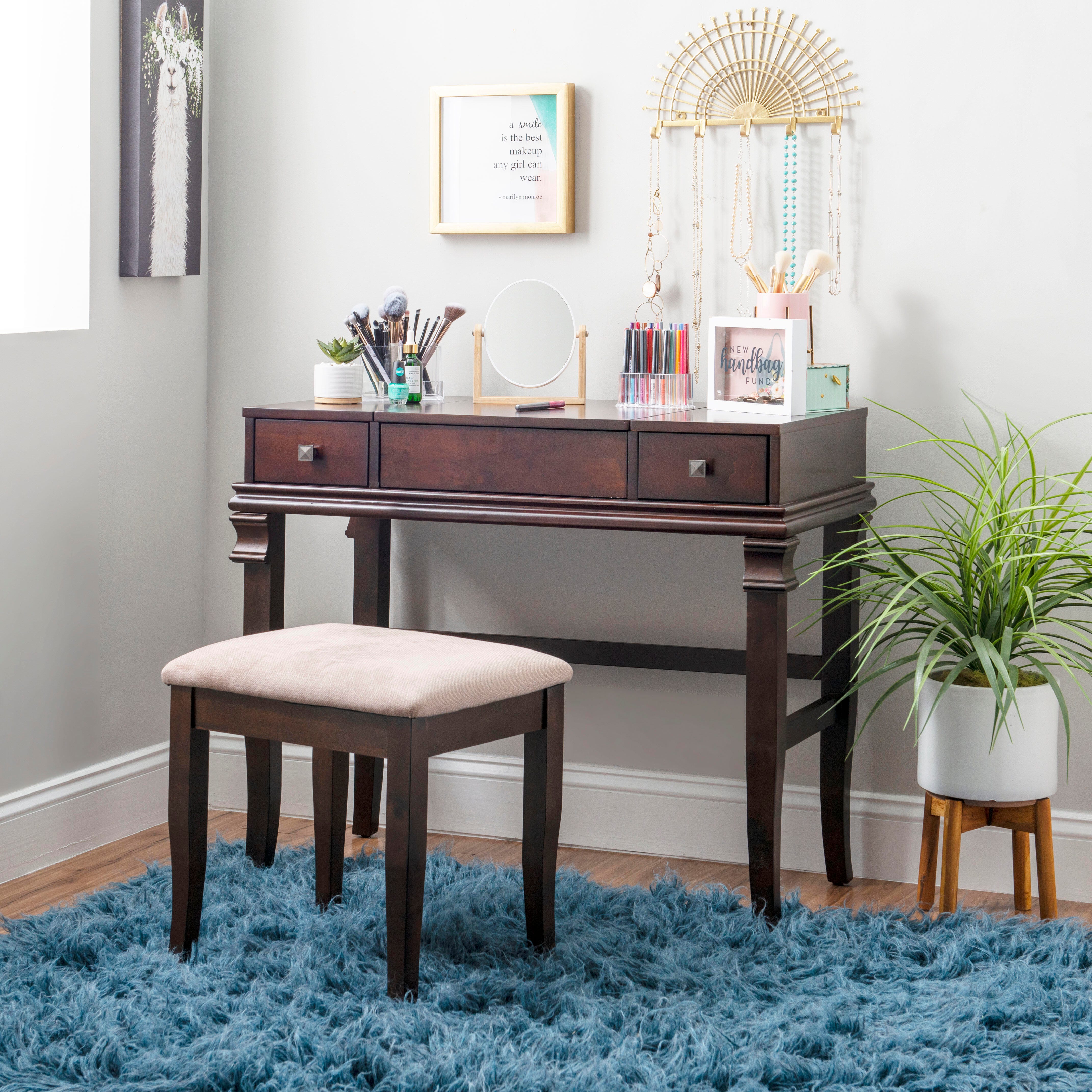 Linon Angela Vanity Set, Walnut, large
