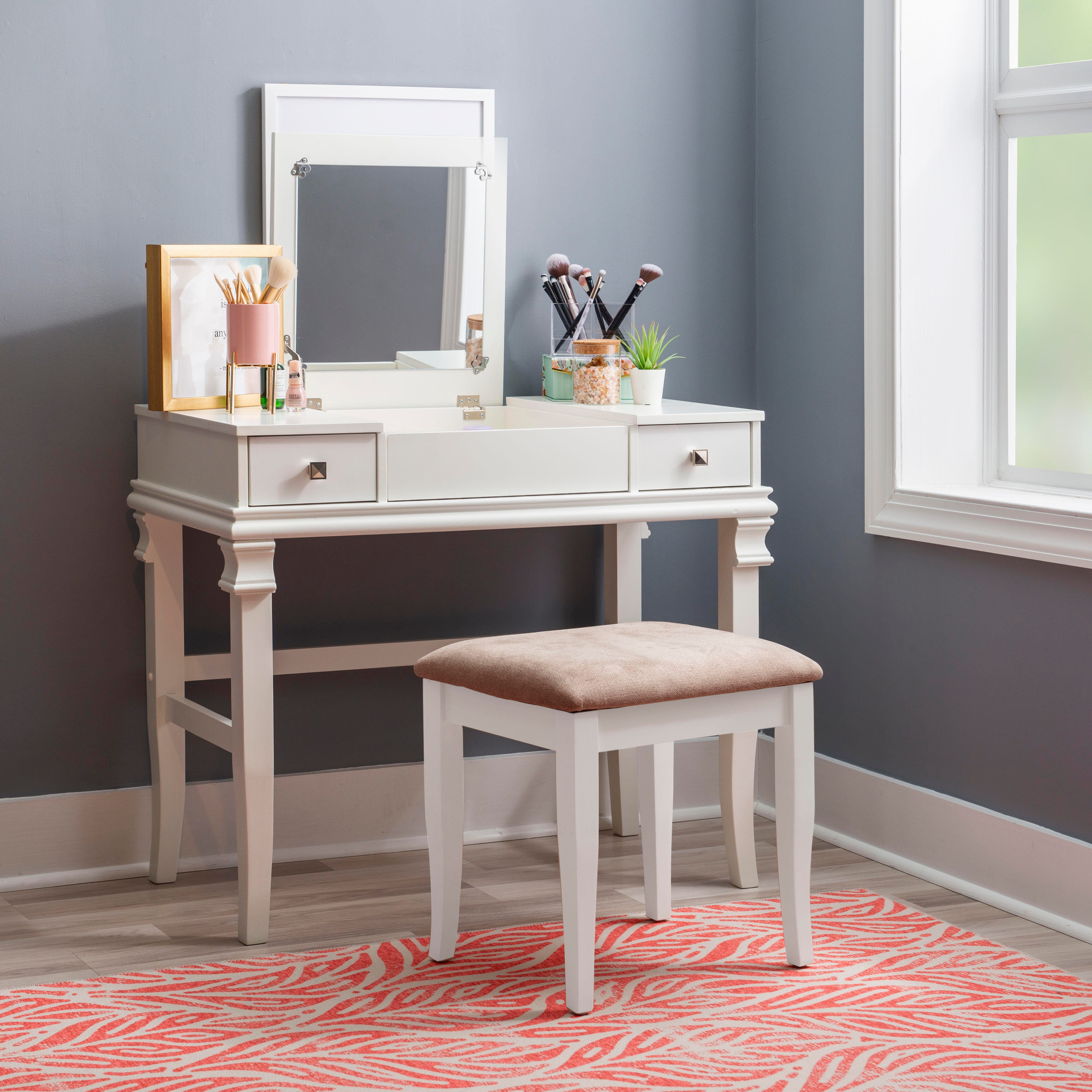 Linon Angela Vanity Set, White, large