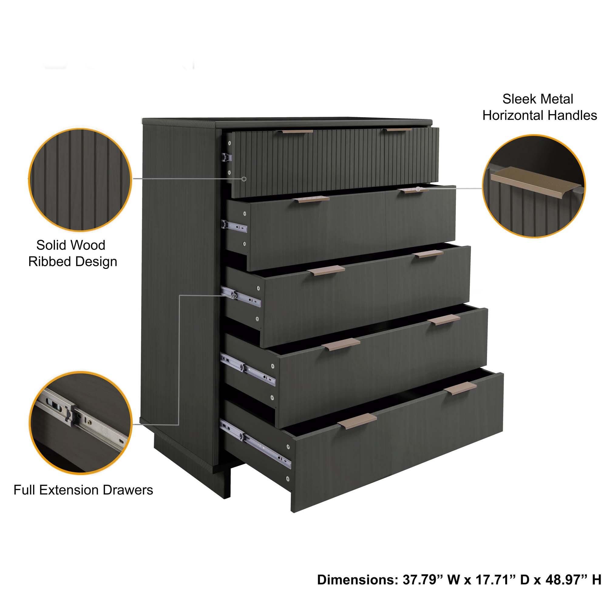 Manhattan Comfort 38" 5 Drawer Dresser, Dark Gray, large