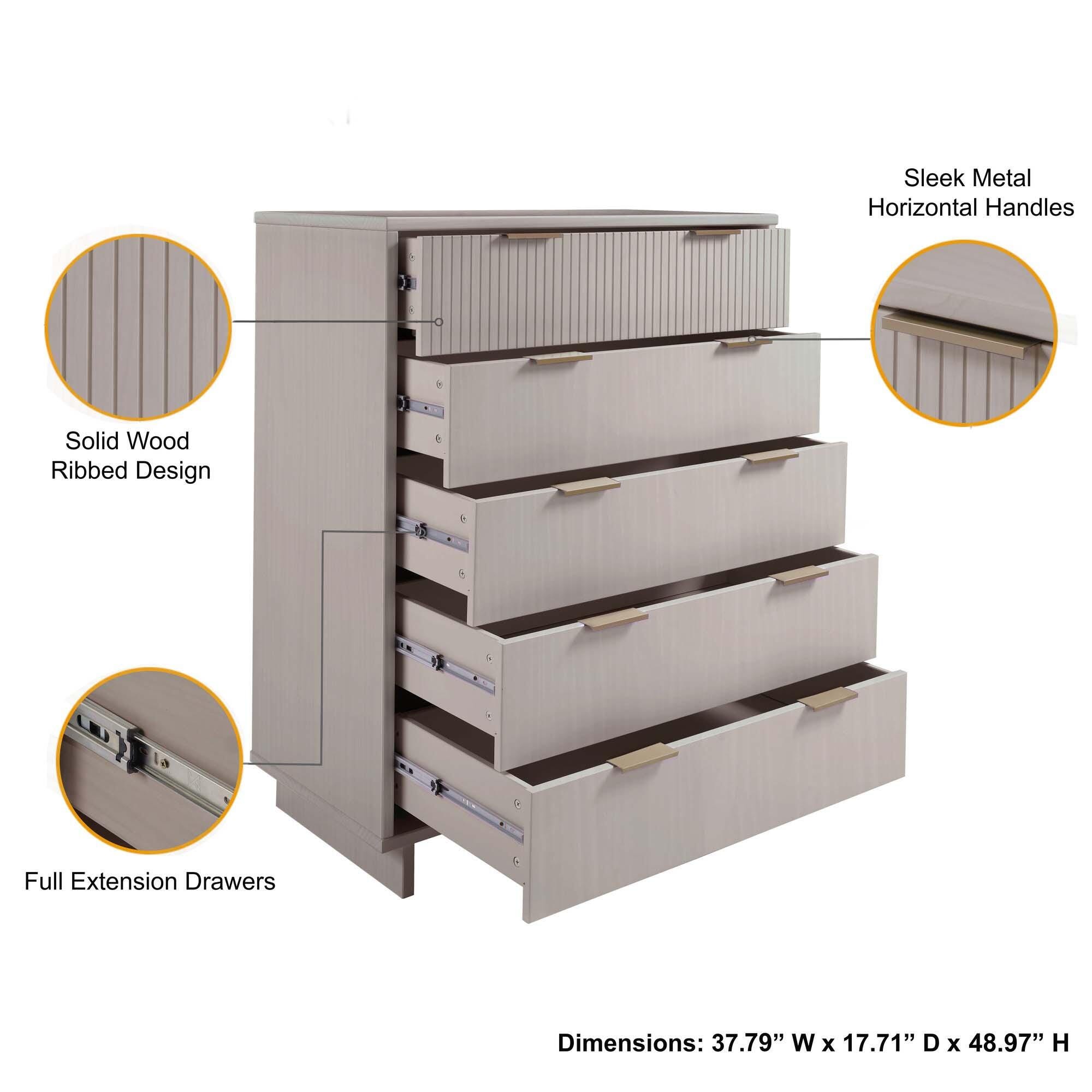 Manhattan Comfort 38" 5 Drawer Dresser, Light Gray, large