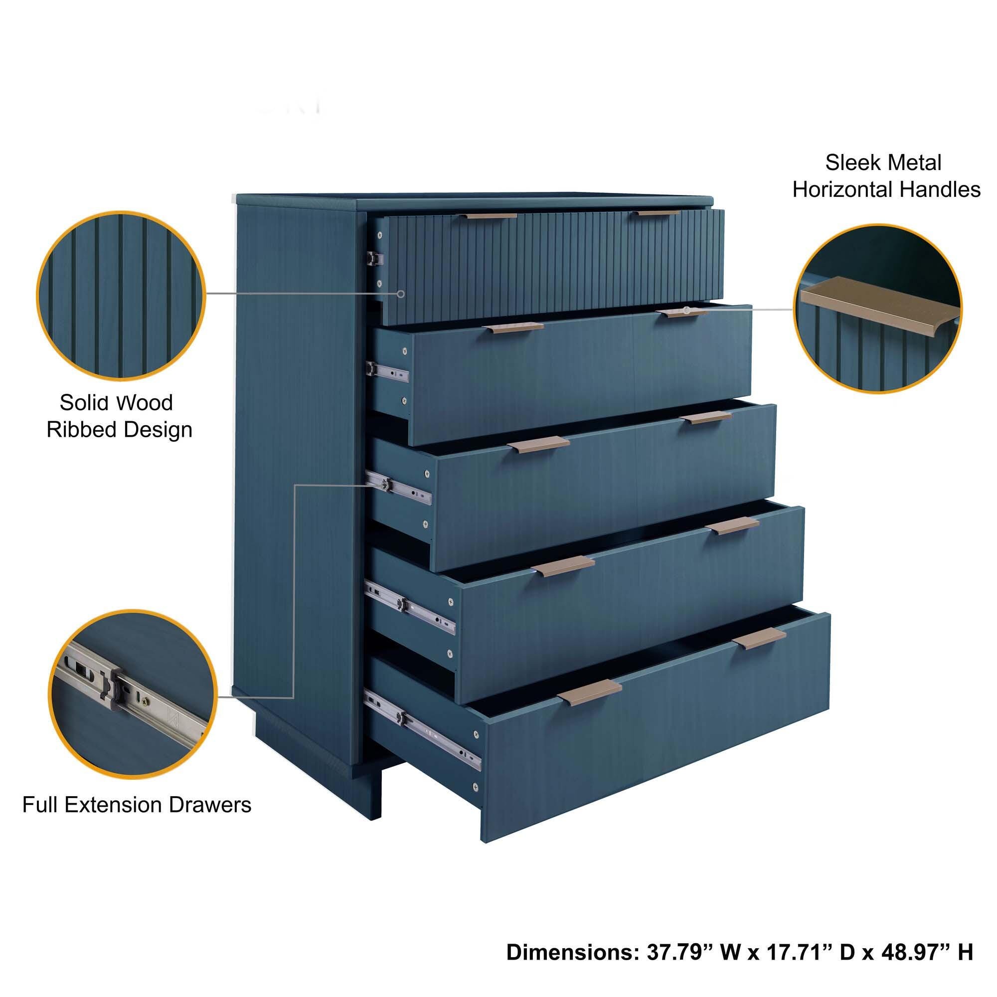 Manhattan Comfort 38" 5 Drawer Dresser, Midnight Blue, large
