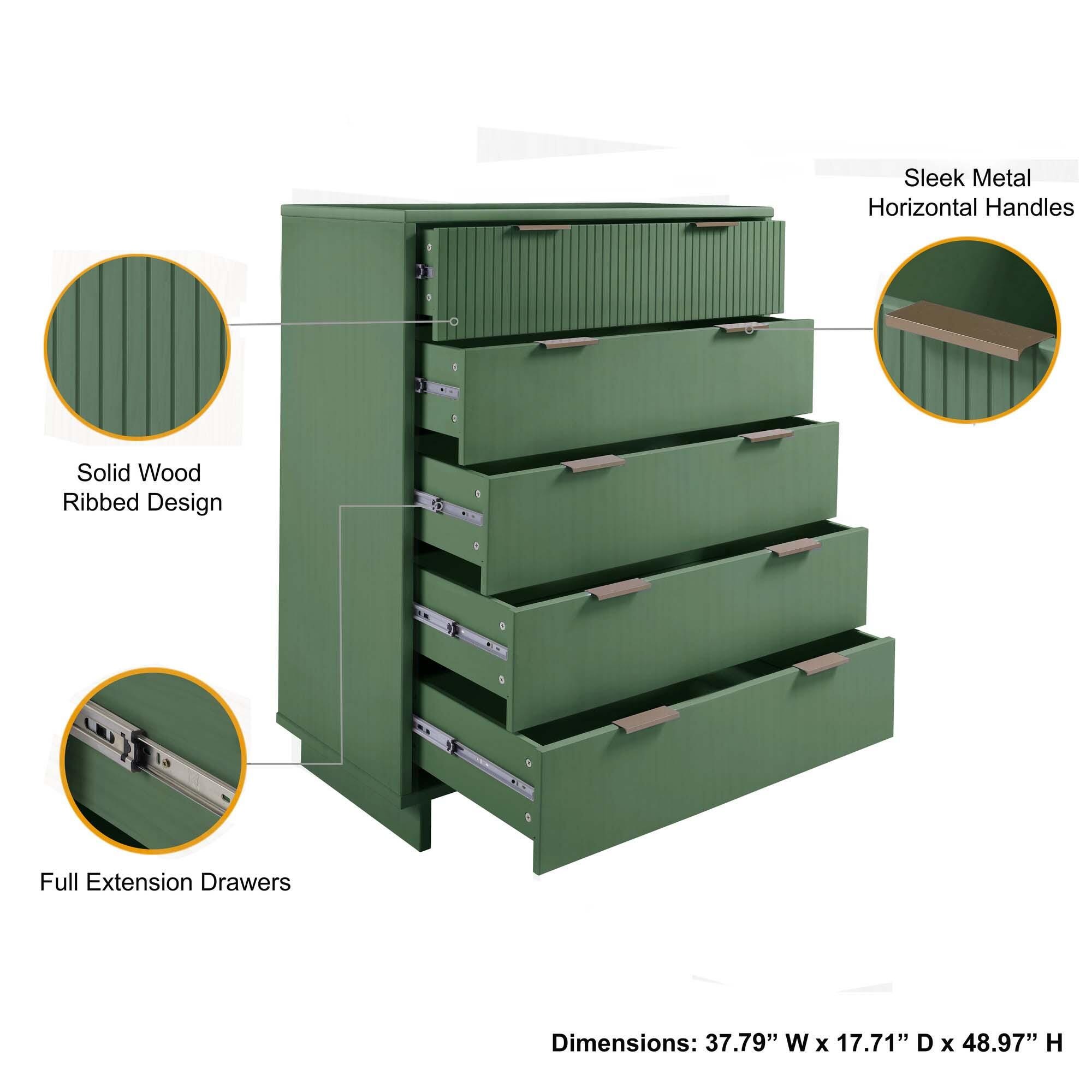 Manhattan Comfort 38" 5 Drawer Dresser, Sage Green, large