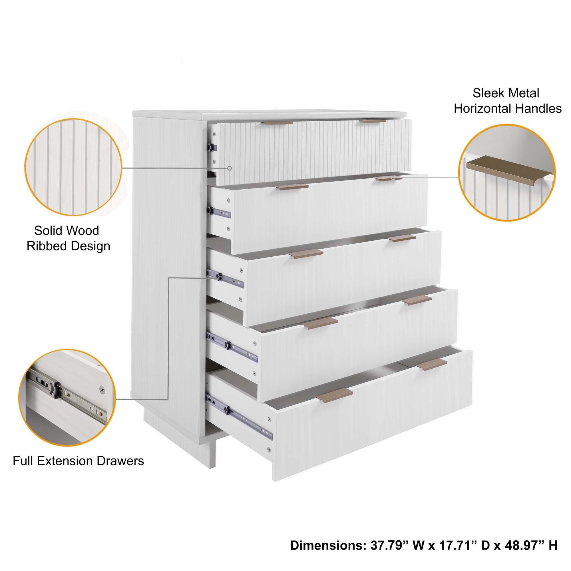 Manhattan Comfort 38" 5 Drawer Dresser, White, large