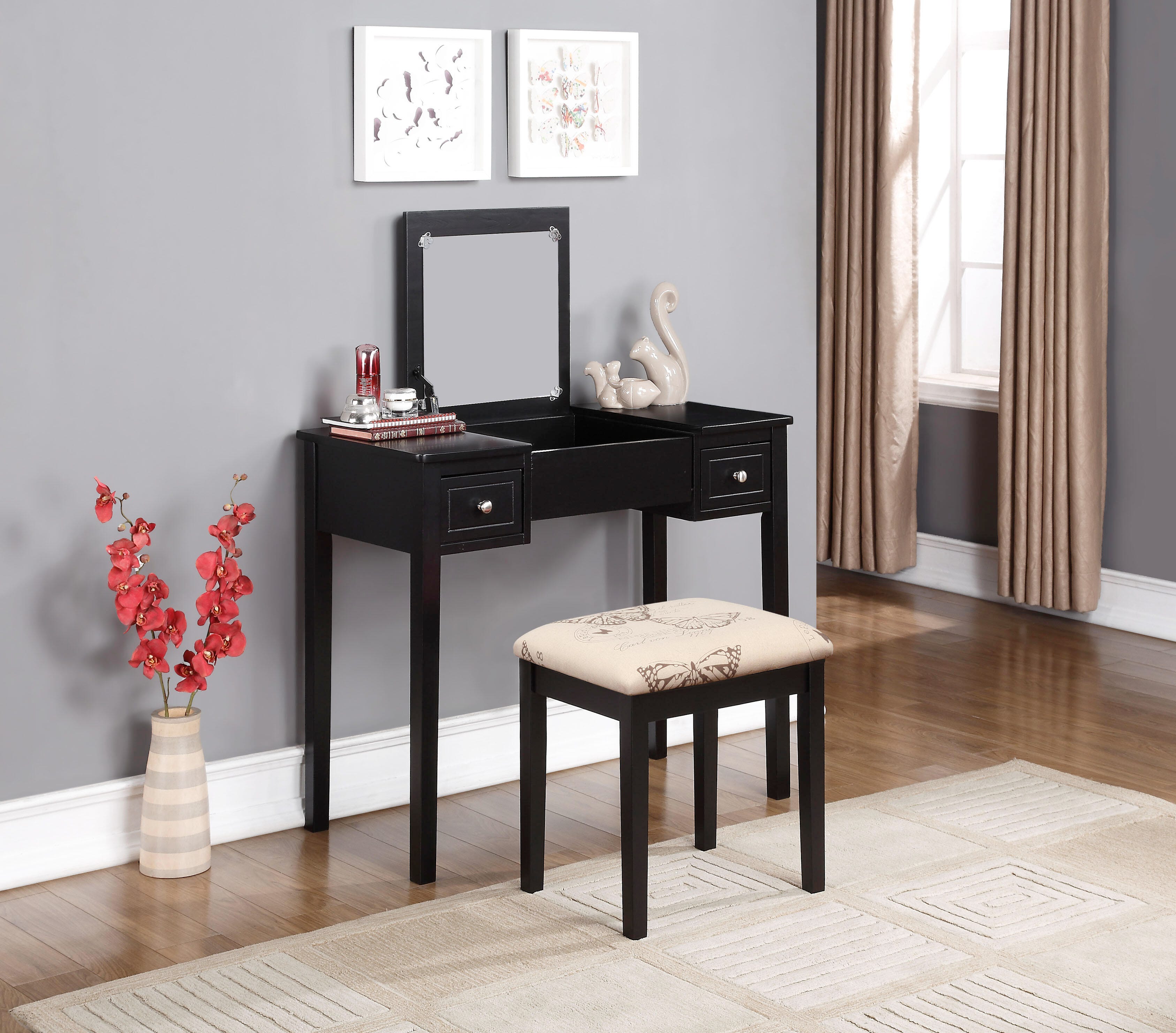 Linon Kensley Butterfly Vanity Set, Black, large