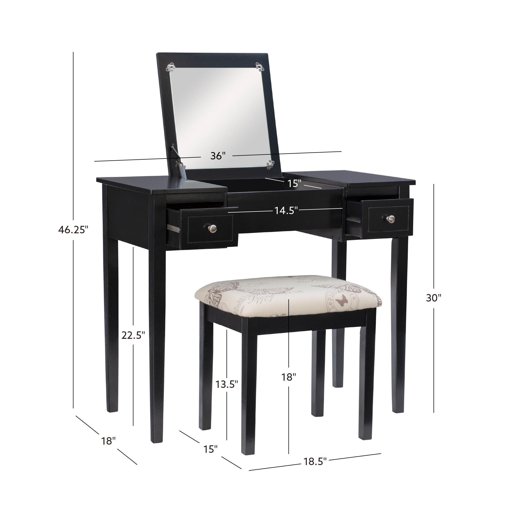 Linon Kensley Butterfly Vanity Set, Black, large