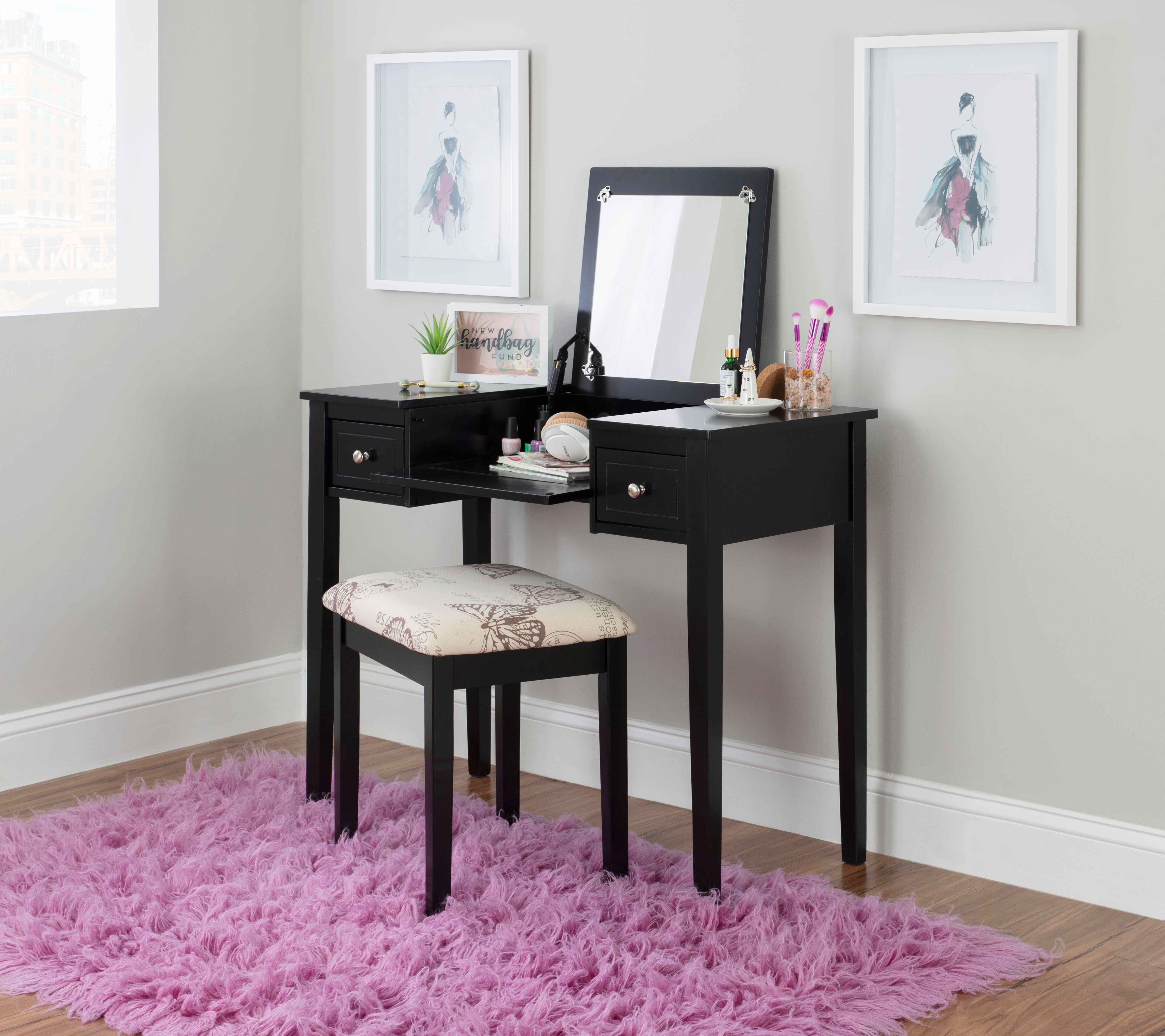 Linon Kensley Butterfly Vanity Set, Black, large