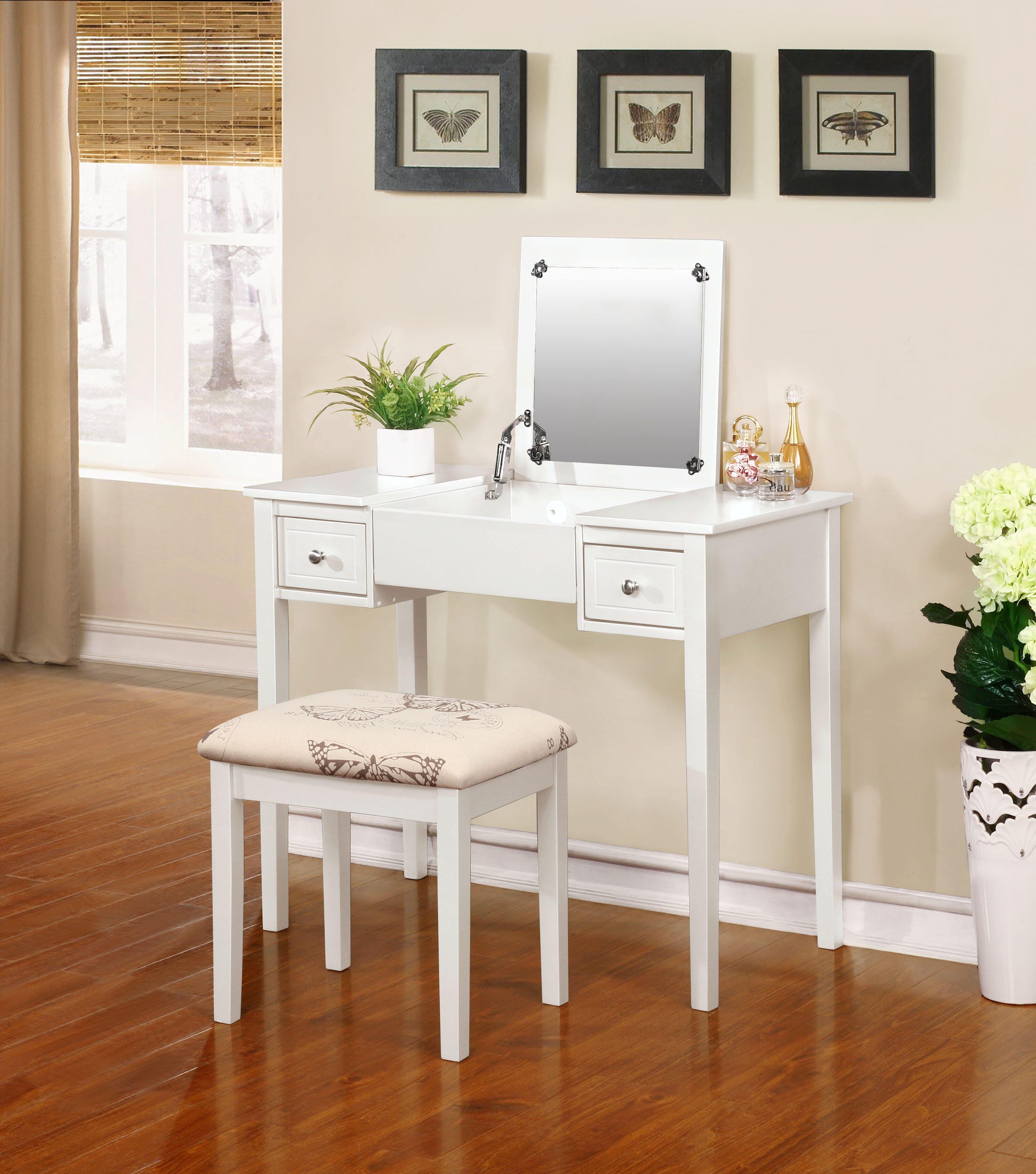Linon Kensley Butterfly Vanity Set, White, large