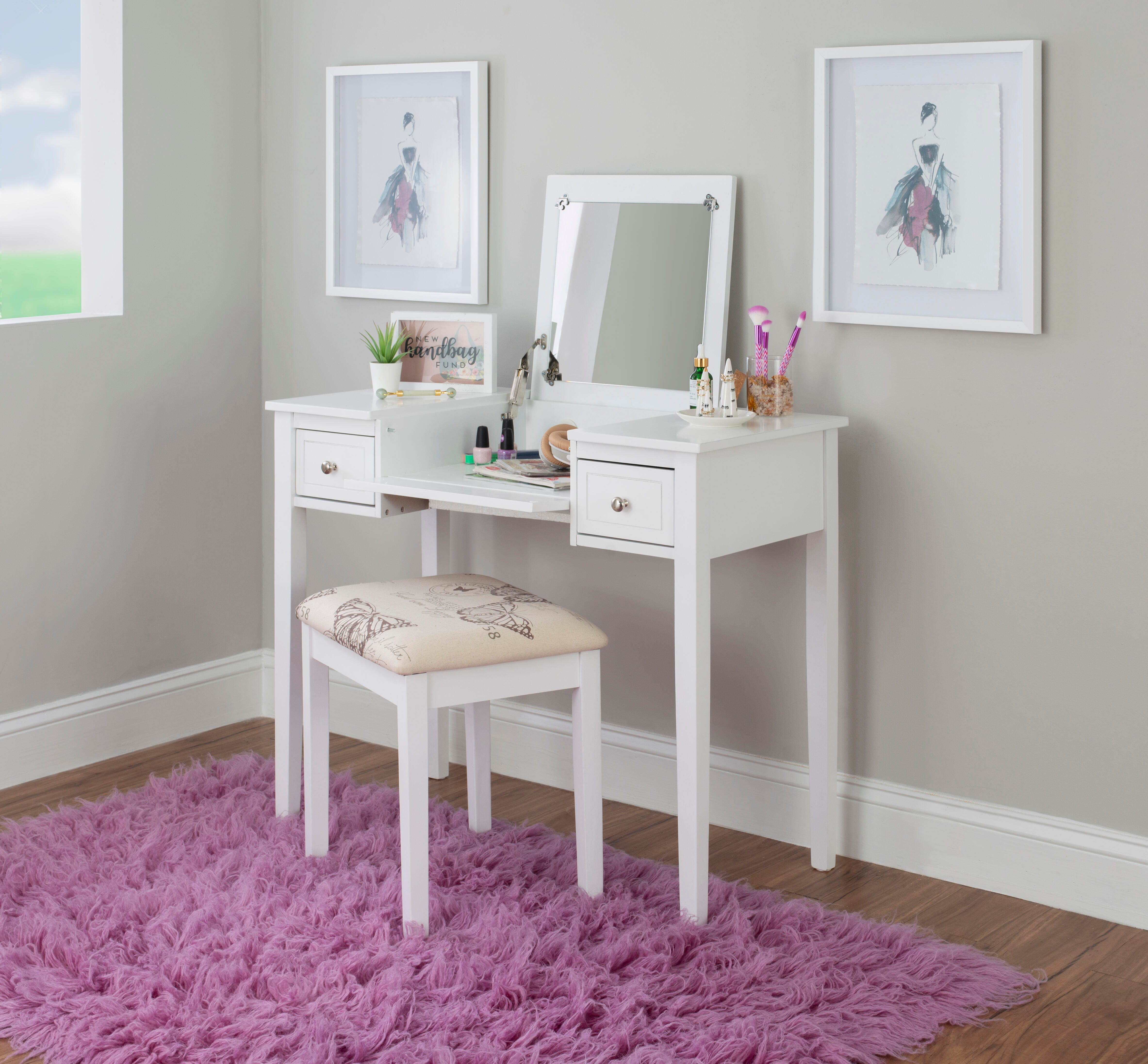 Linon Kensley Butterfly Vanity Set, White, large