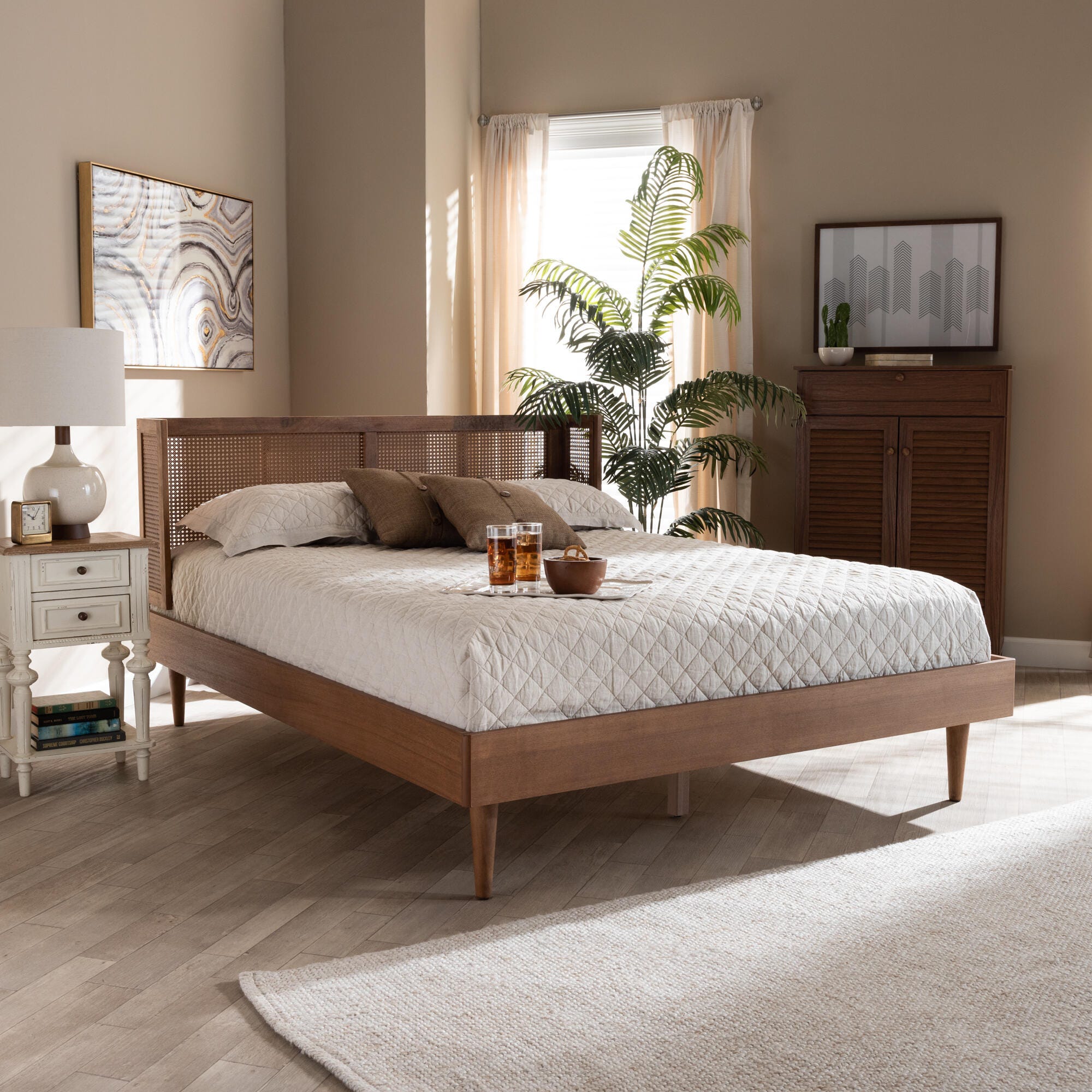 Baxton Studio Rina Mid-Century Rattan Queen Platform Bed, Brown, rollover