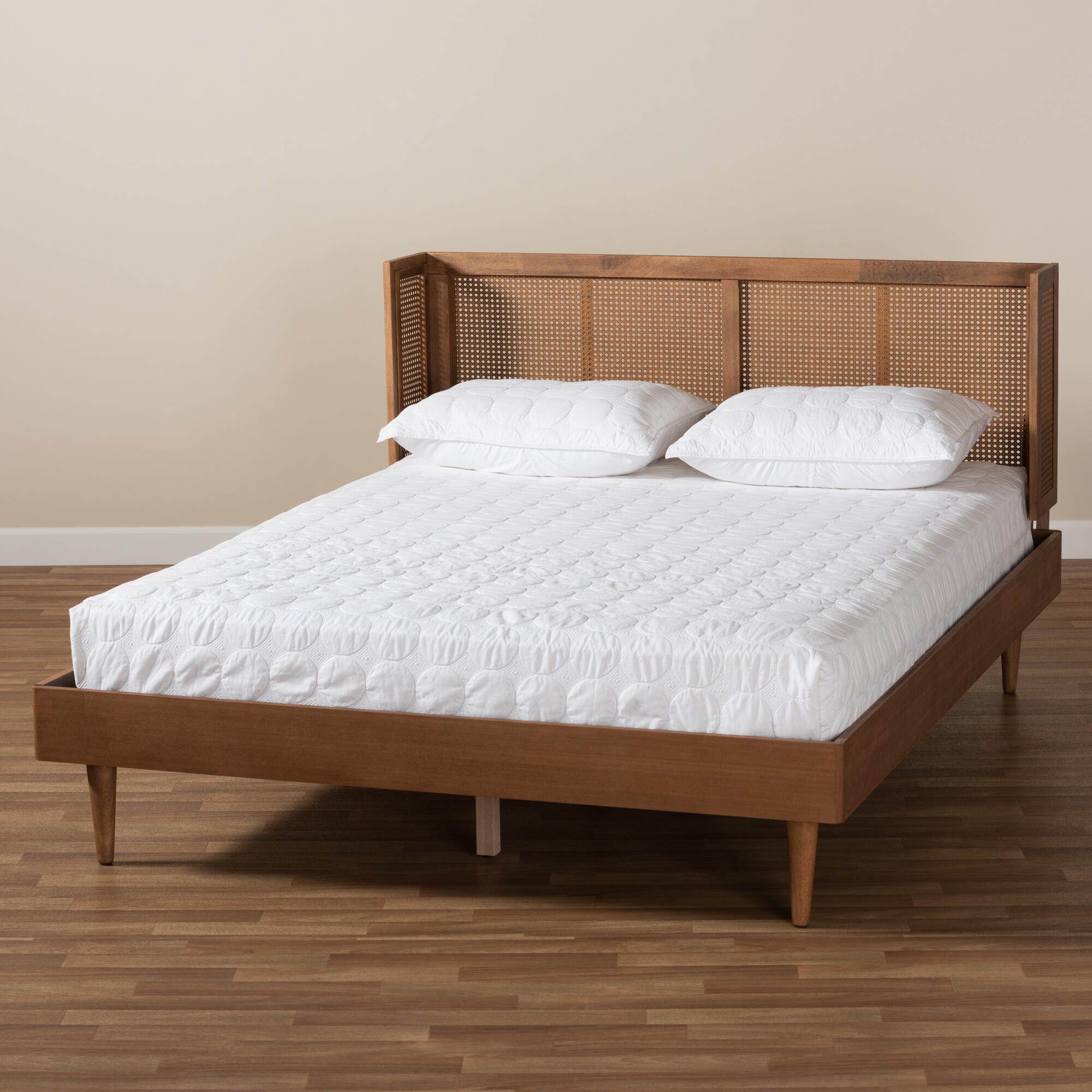 Baxton Studio Rina Mid-Century Rattan Queen Platform Bed, Brown, large