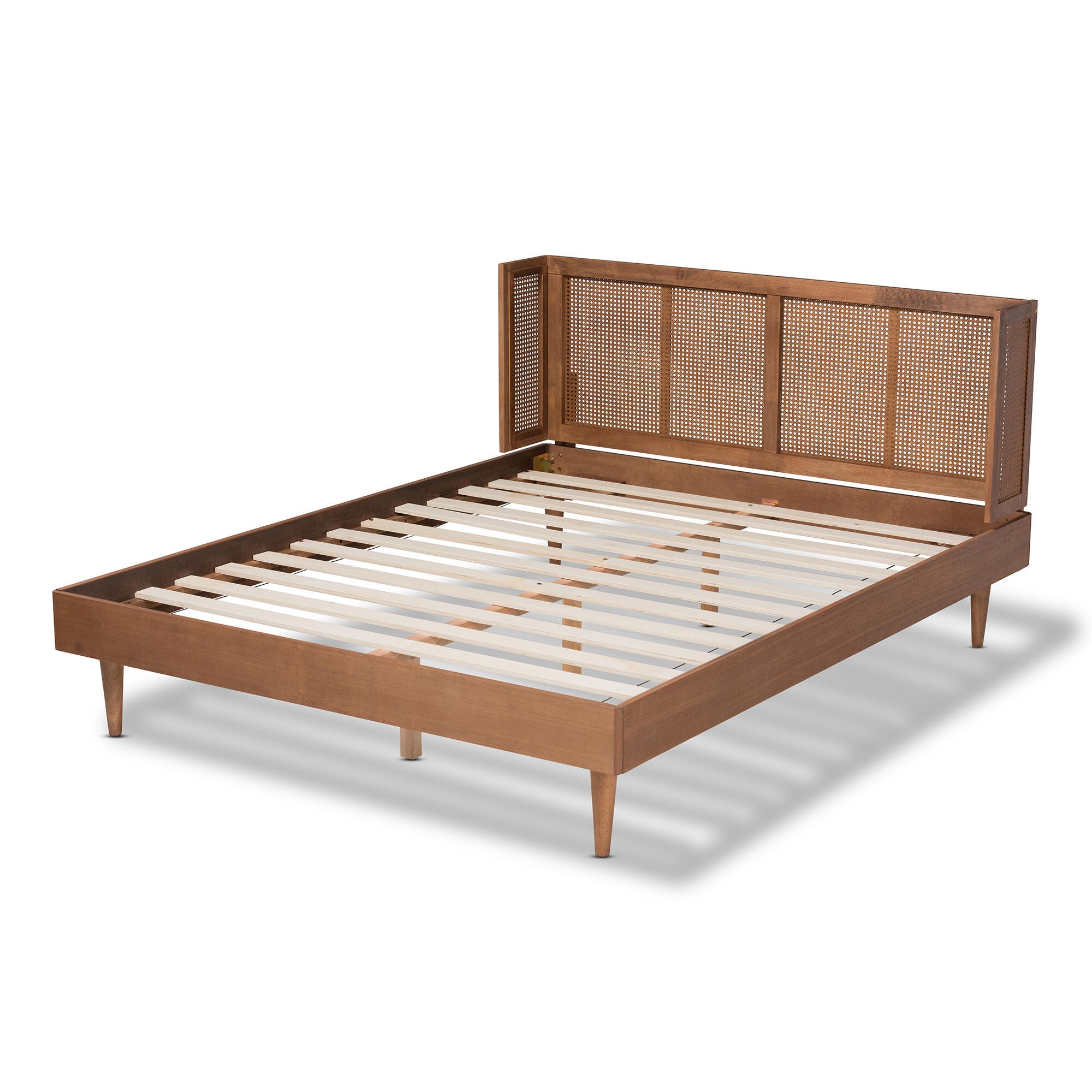 Baxton Studio Rina Mid-Century Rattan Queen Platform Bed, Brown, large