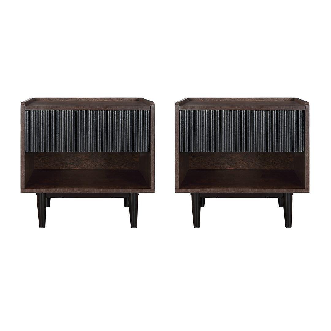Manhattan Comfort Duane Ribbed 1-Drawer Nightstand Set of 2, Dark Brown/Black, large