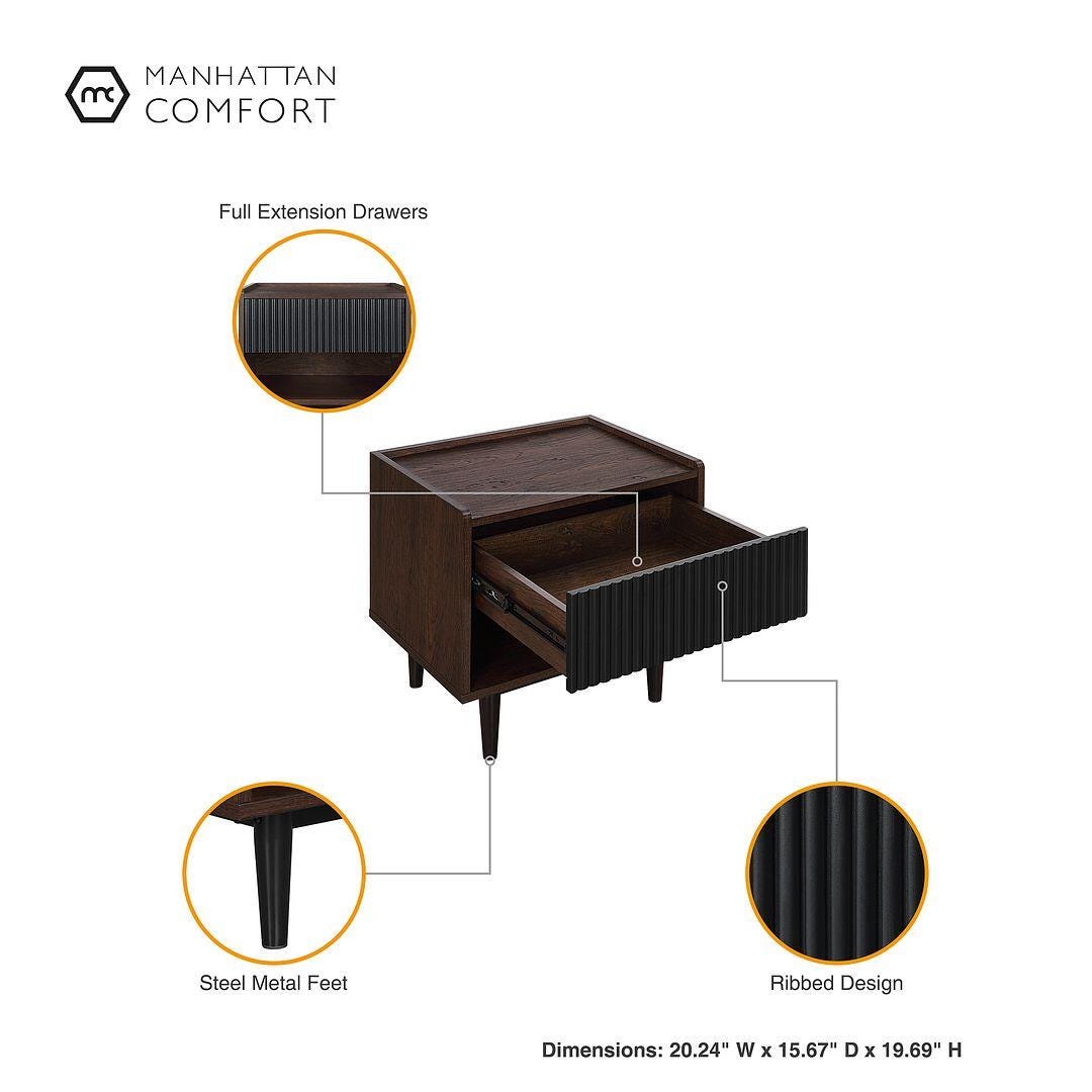 Manhattan Comfort Duane Ribbed 1-Drawer Nightstand Set of 2, Dark Brown/Black, large