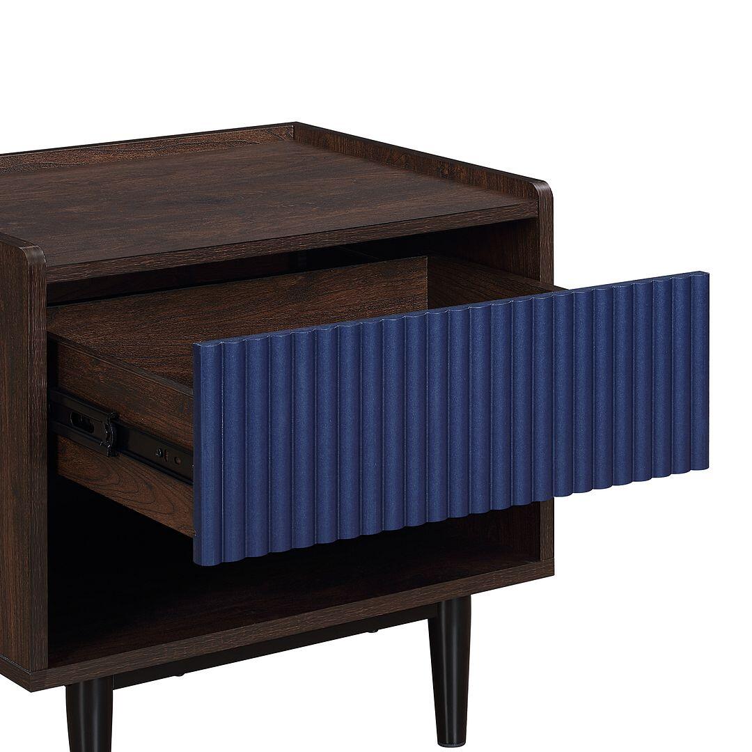 Manhattan Comfort Duane Ribbed 1-Drawer Nightstand Set of 2, Dark Brown/Navy Blue, large