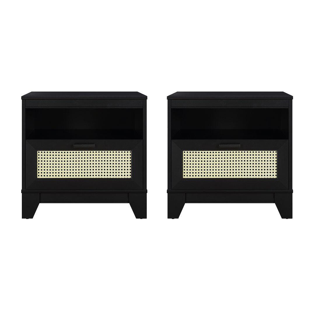 Manhattan Comfort Sheridan Cane 1-Drawer Nightstand Set of 2, Black, large