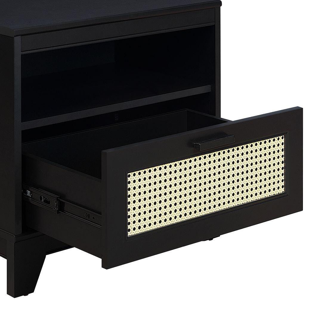 Manhattan Comfort Sheridan Cane 1-Drawer Nightstand Set of 2, Black, large