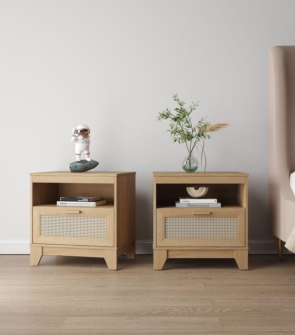 Manhattan Comfort Sheridan Cane 1-Drawer Nightstand Set of 2, Natural, rollover