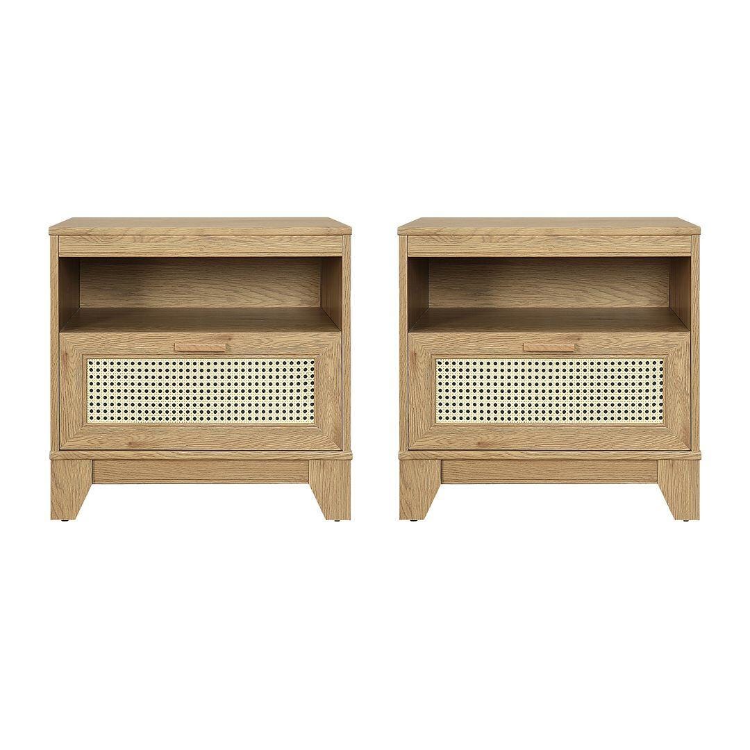 Manhattan Comfort Sheridan Cane 1-Drawer Nightstand Set of 2, Natural, large