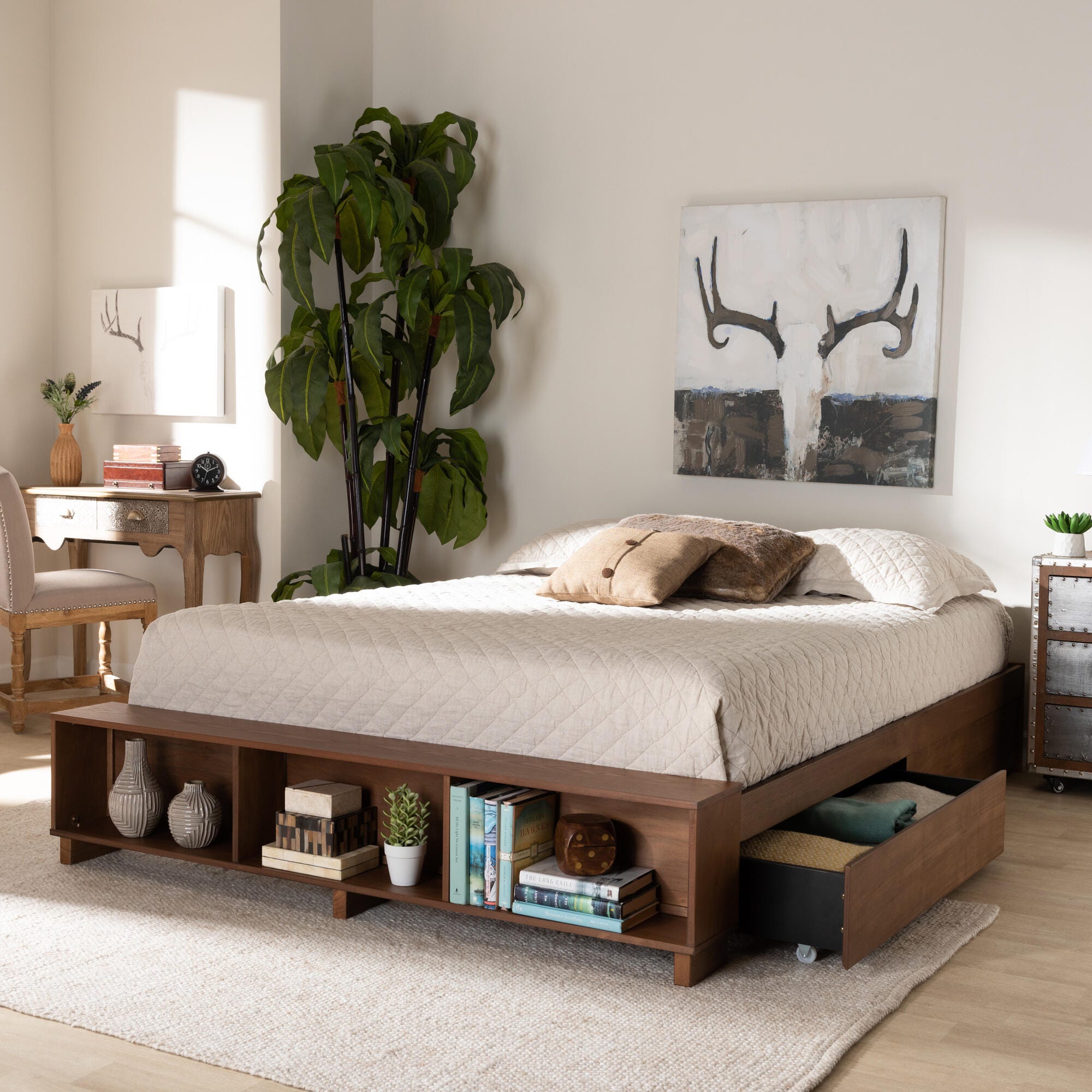 Baxton Studio Arthur Wood Queen Platform Bed with Built-In Shelves, Brown, rollover