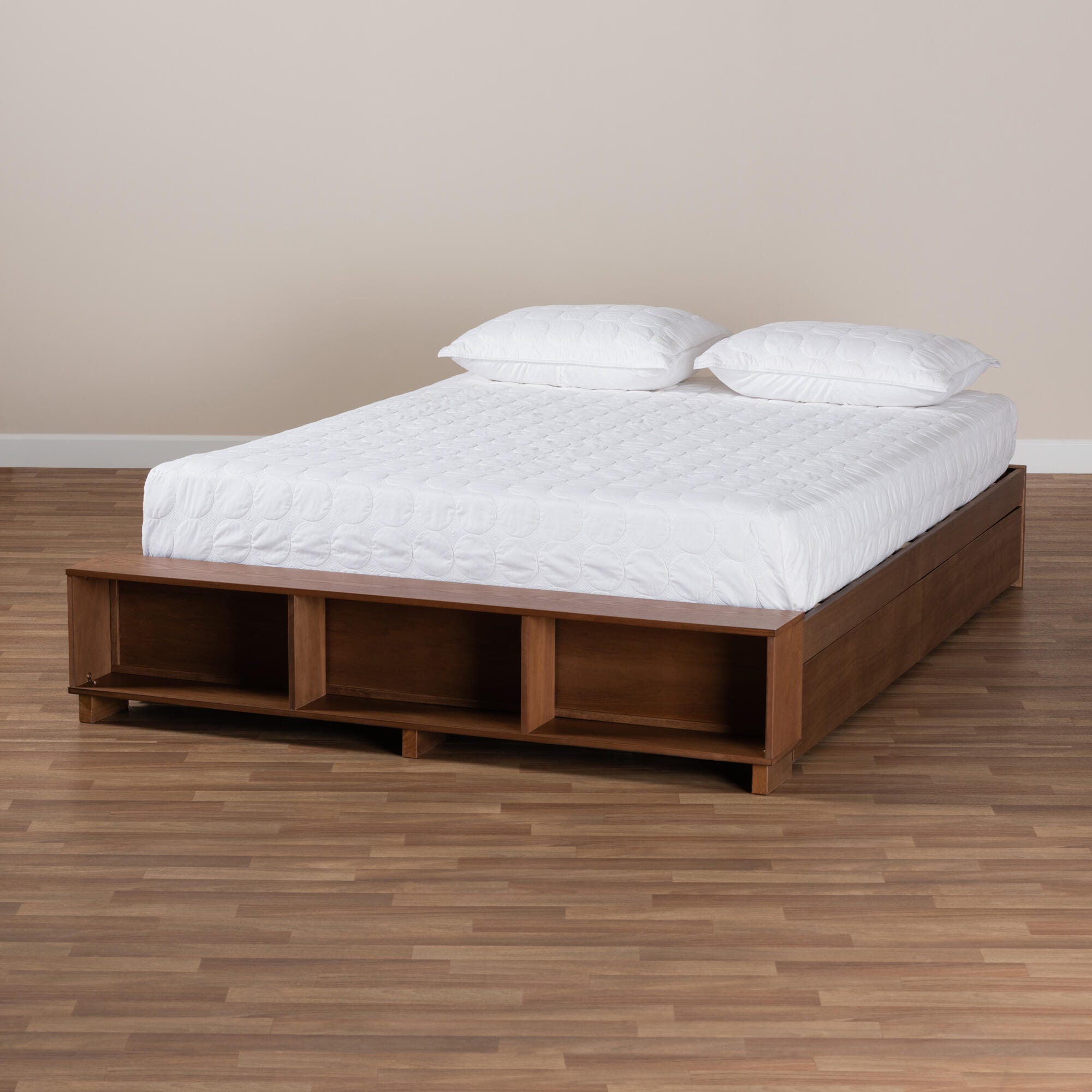 Baxton Studio Arthur Wood Queen Platform Bed with Built-In Shelves, Brown, large
