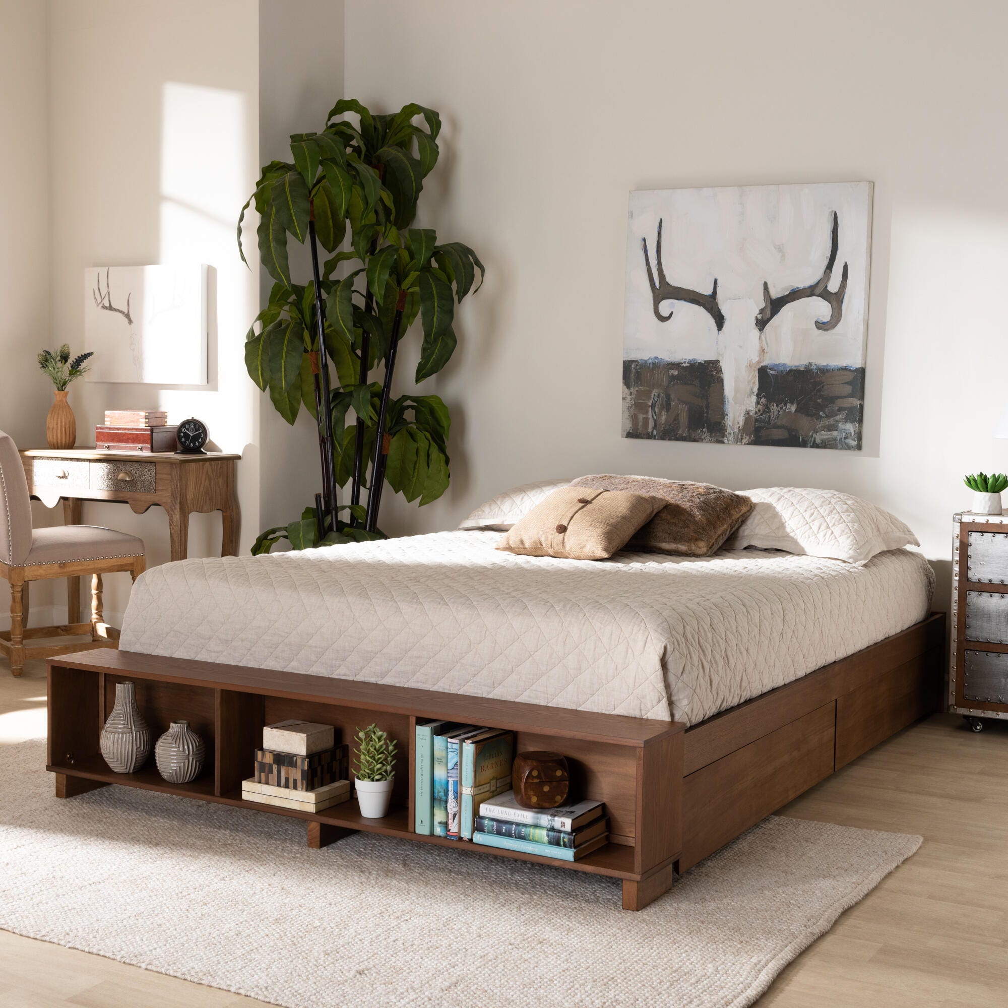Baxton Studio Arthur Wood King Platform Bed with Built-In Shelves, Brown, large