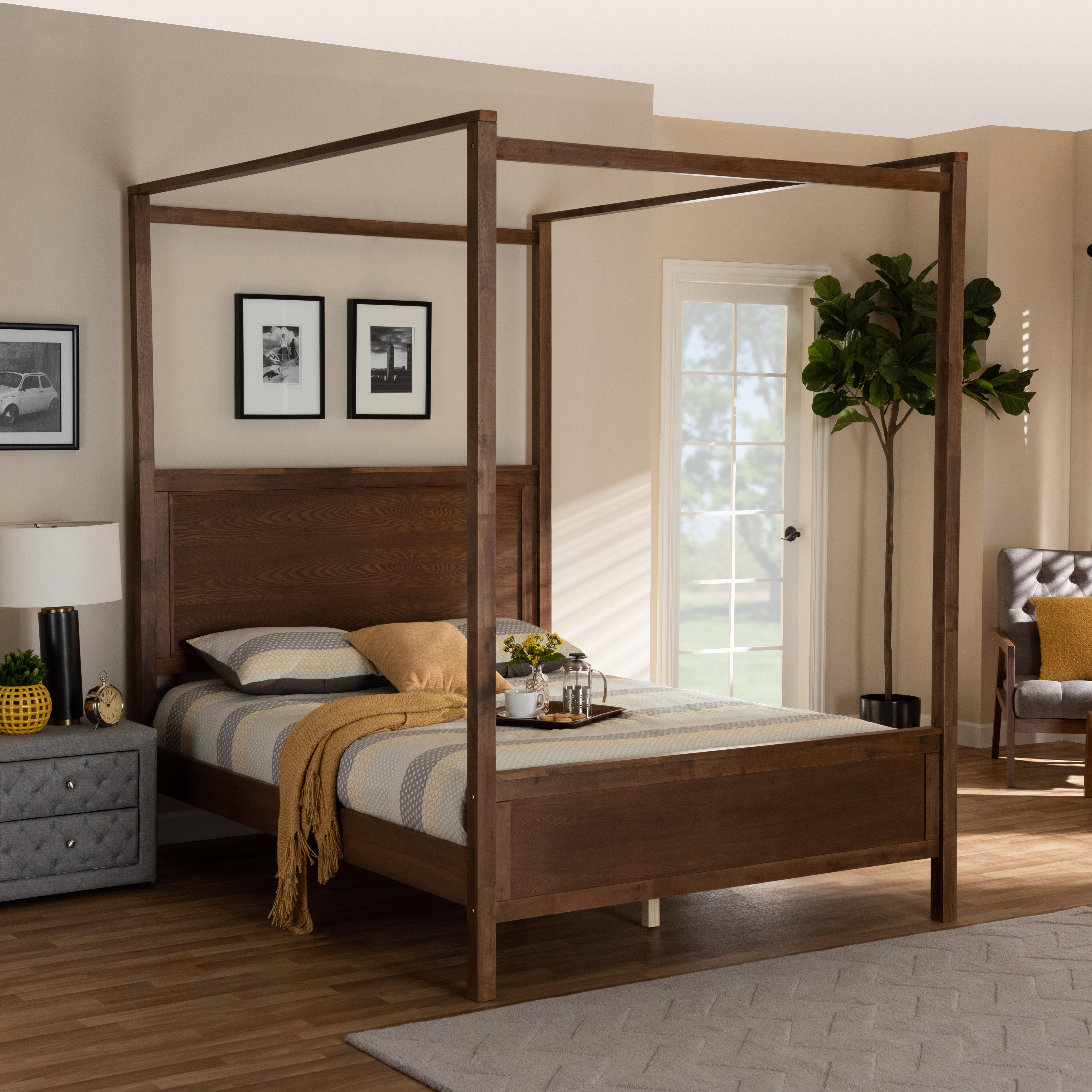 Baxton Studio Veronica Wood Queen Platform Canopy Bed, Brown, rollover