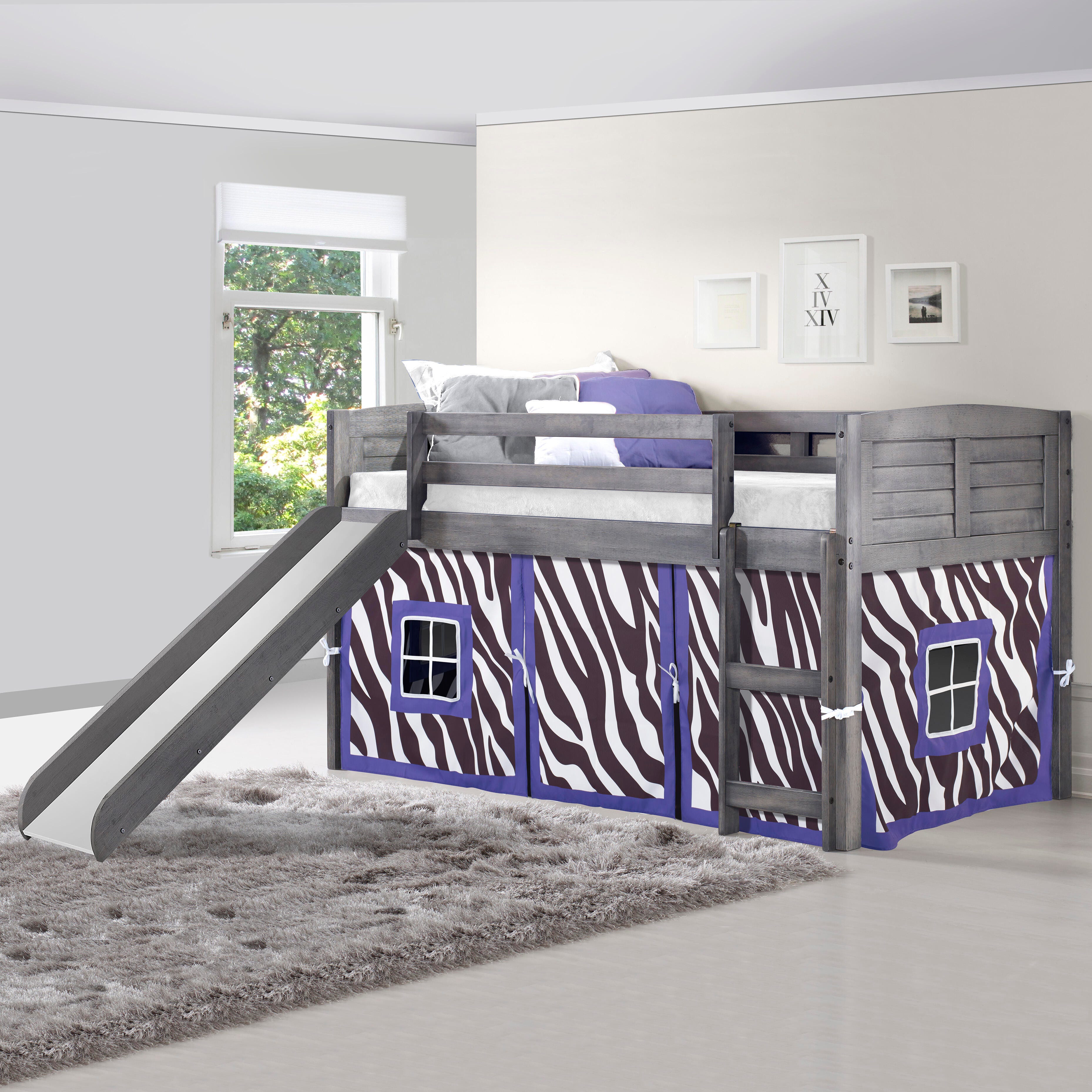 Donco Kids Louver Twin Loft Bed with Slide and Tent, Antique Gray/Zebra, large
