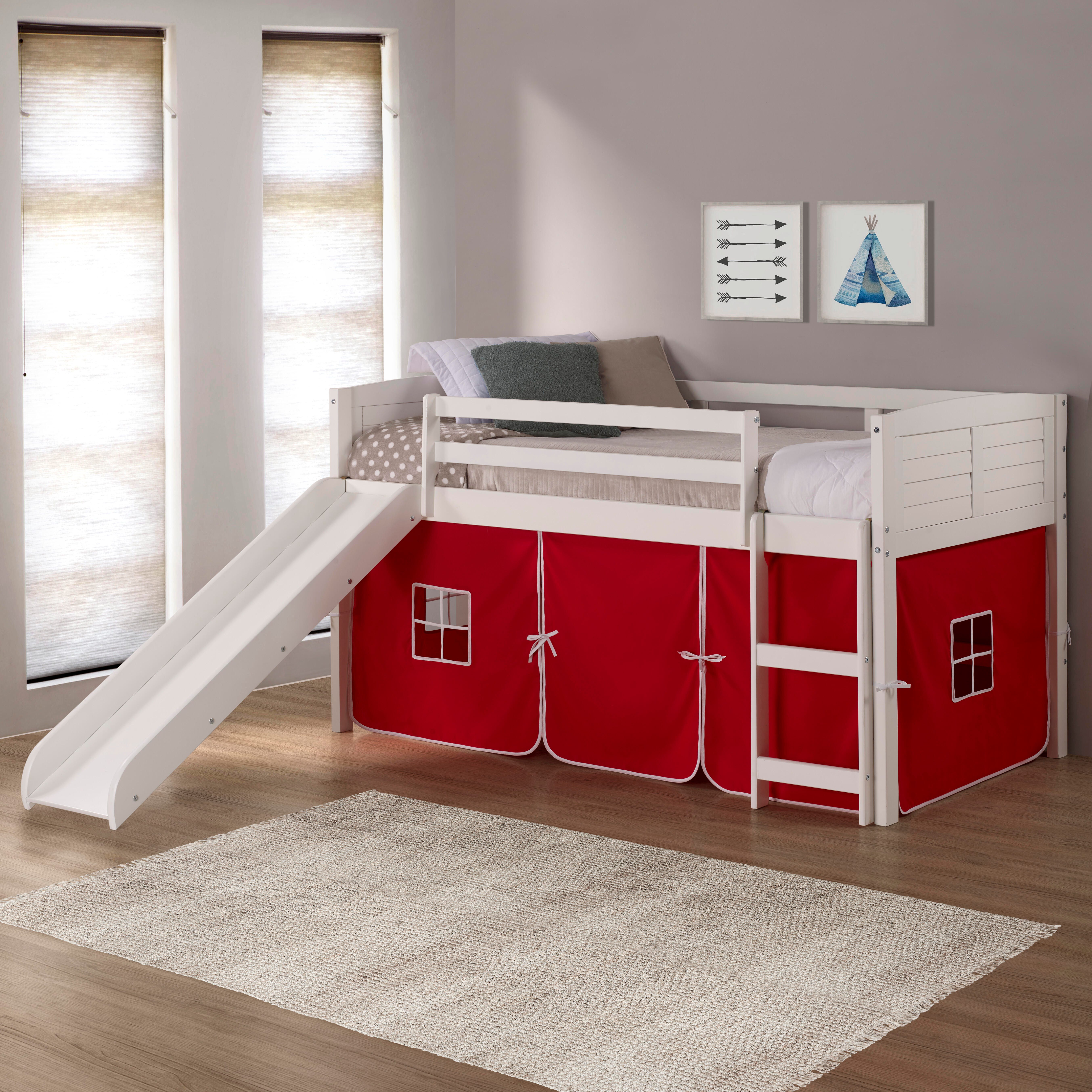 Donco Kids Louver Twin Loft Bed with Slide and Tent, White/Red, rollover