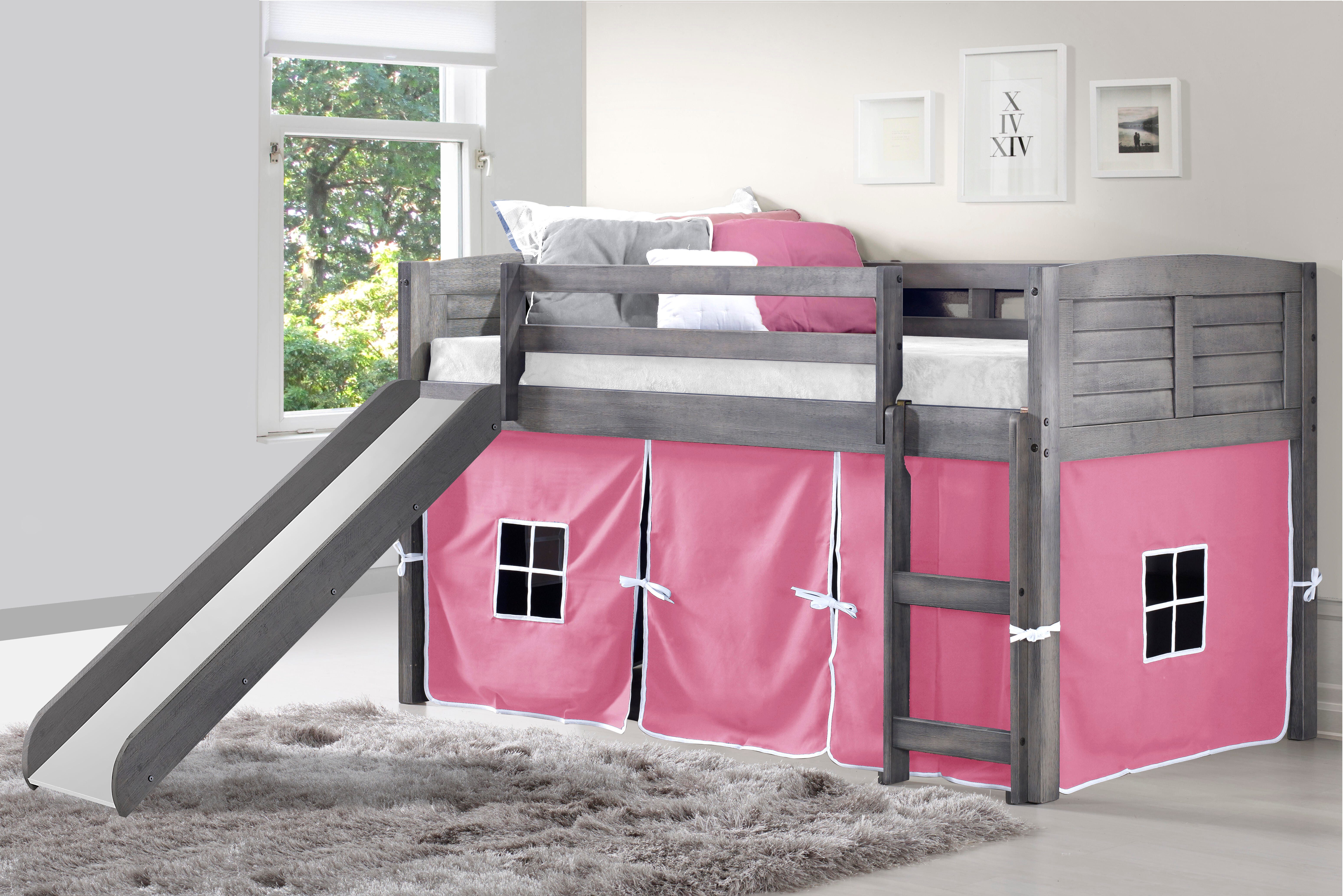 Donco Kids Louver Twin Loft Bed with Slide and Tent, Antique Gray/Pink, rollover