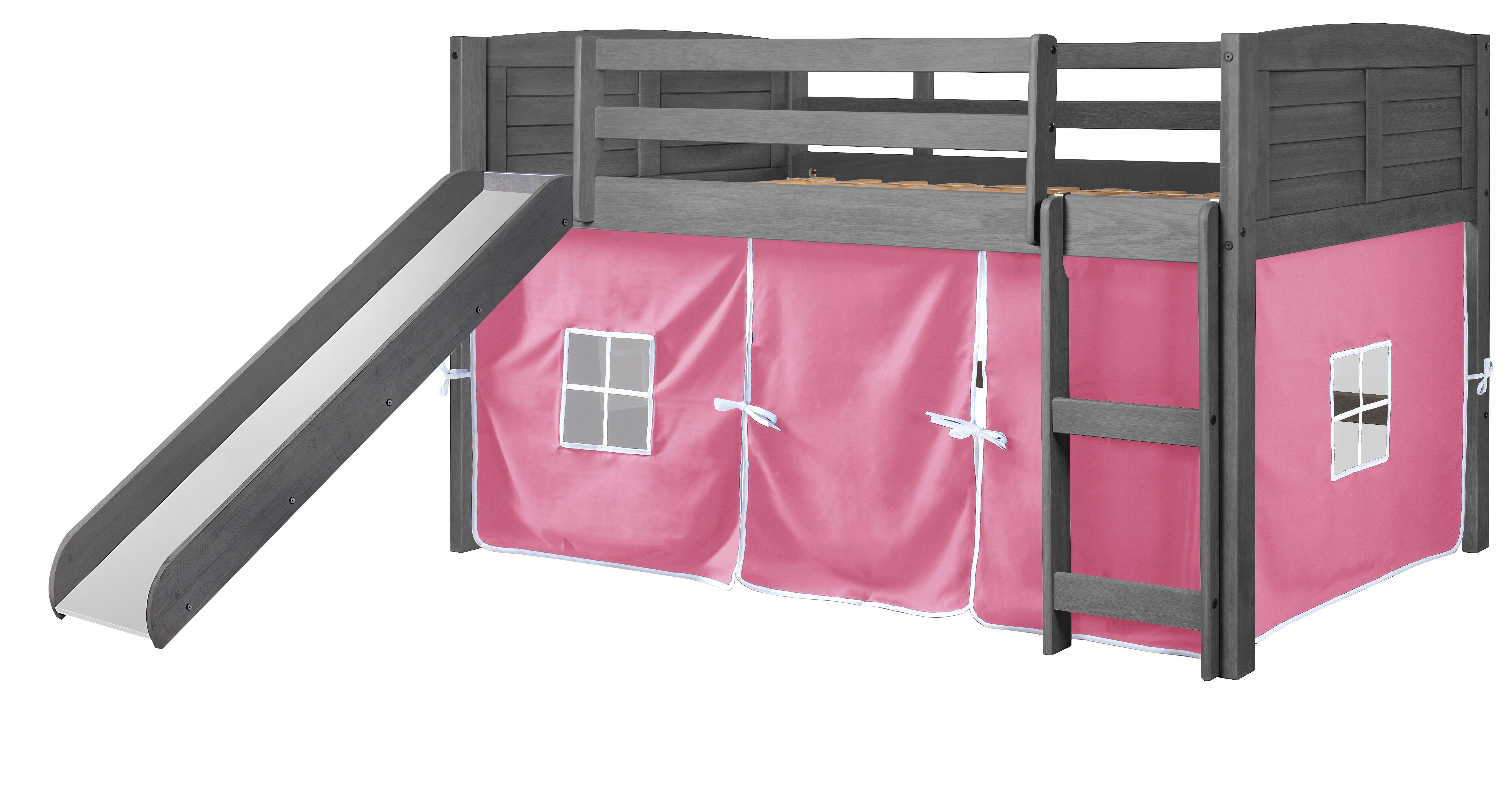 Donco Kids Louver Twin Loft Bed with Slide and Tent, Antique Gray/Pink, large