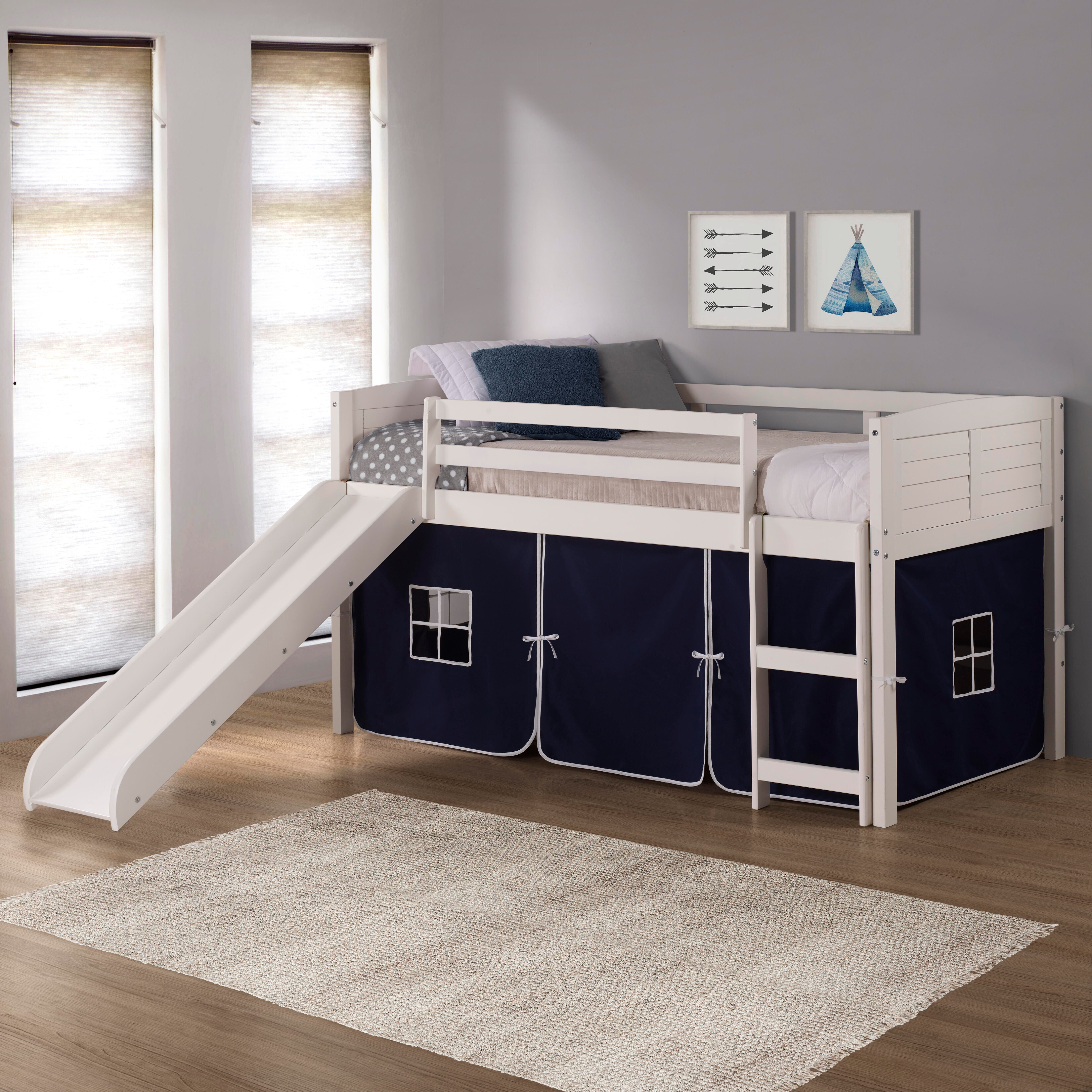 Donco Kids Louver Twin Loft Bed with Slide and Tent, White/Blue, rollover