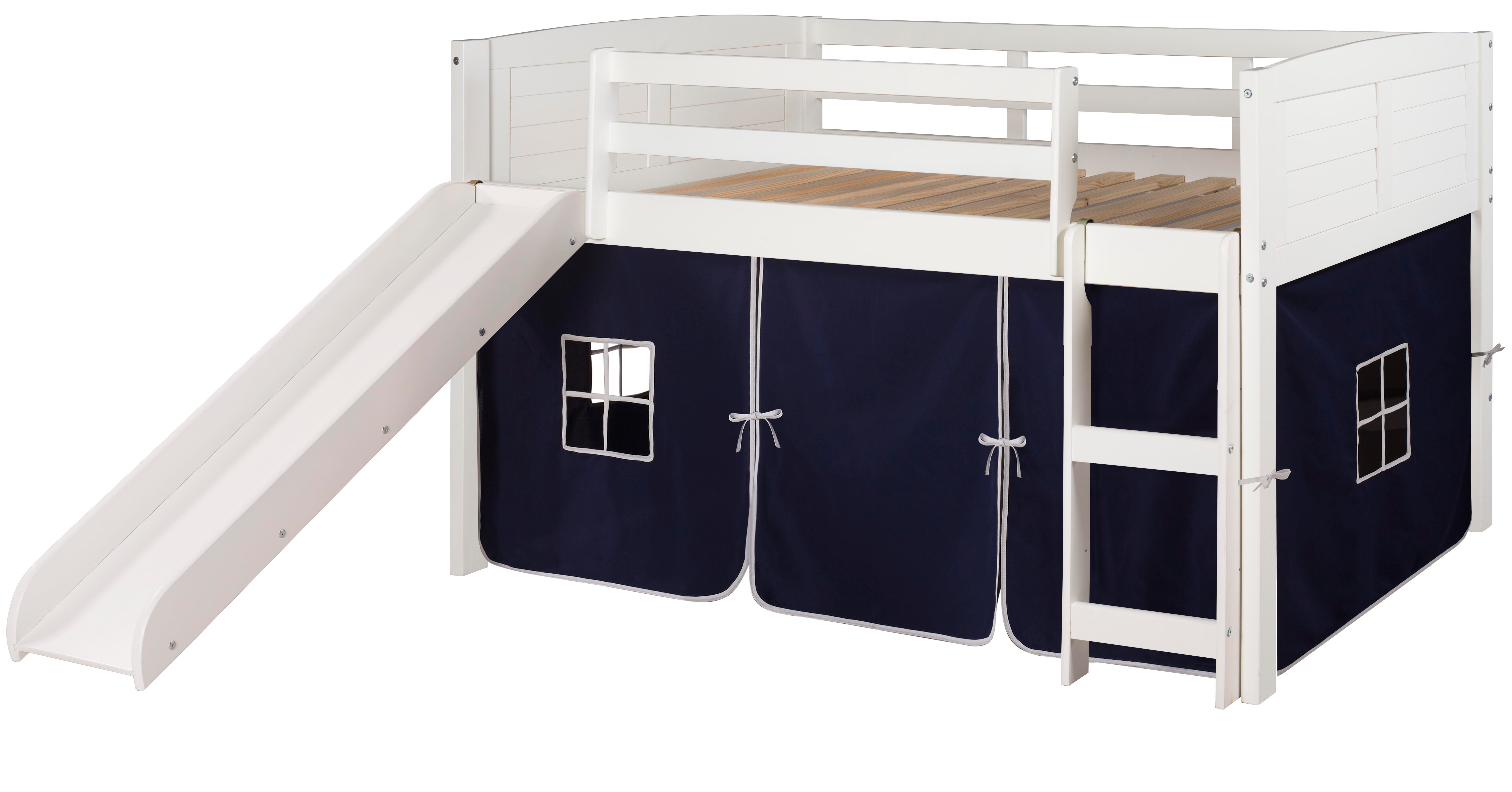 Donco Kids Louver Twin Loft Bed with Slide and Tent, White/Blue, large