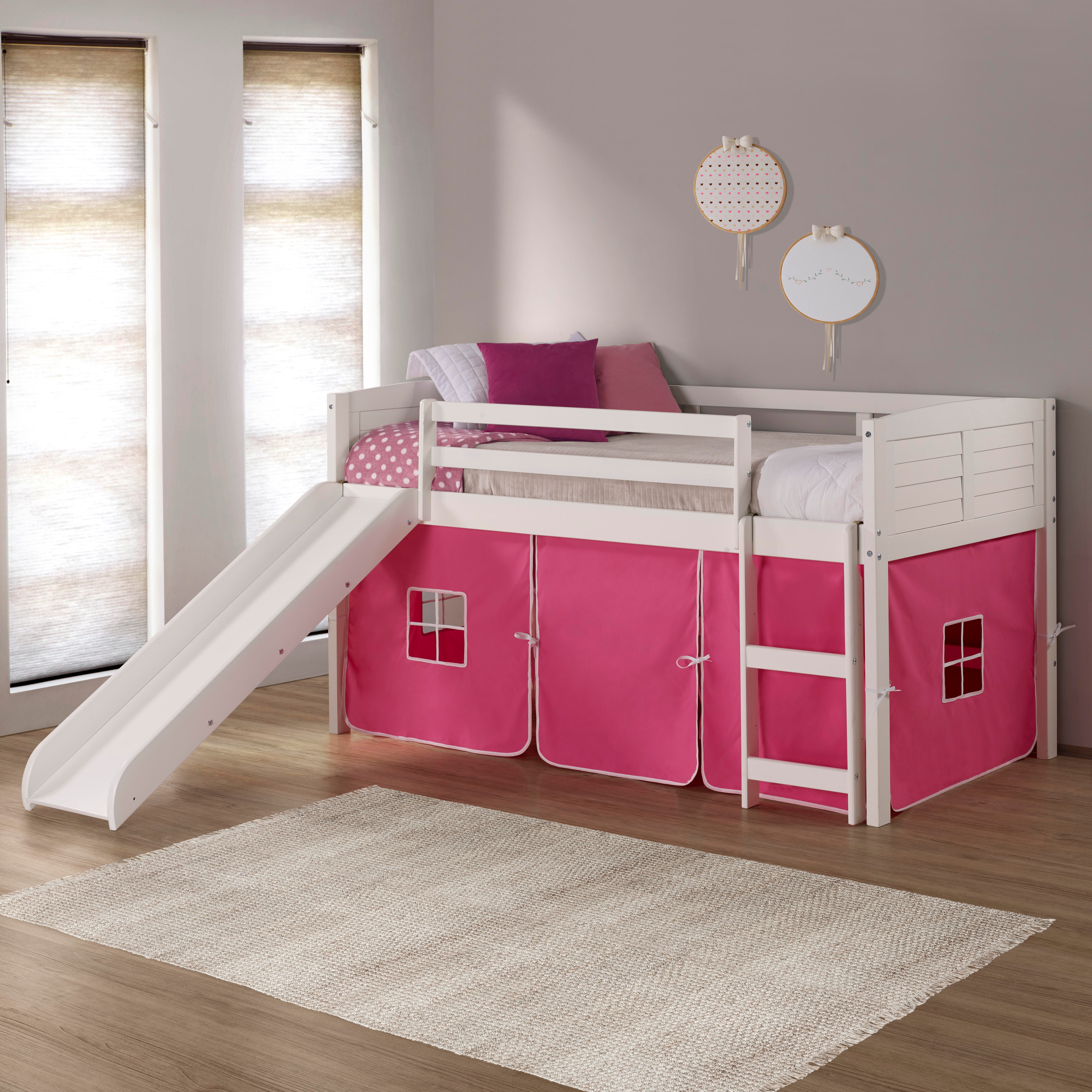 Donco Kids Louver Twin Loft Bed with Slide and Tent, White/Pink, large