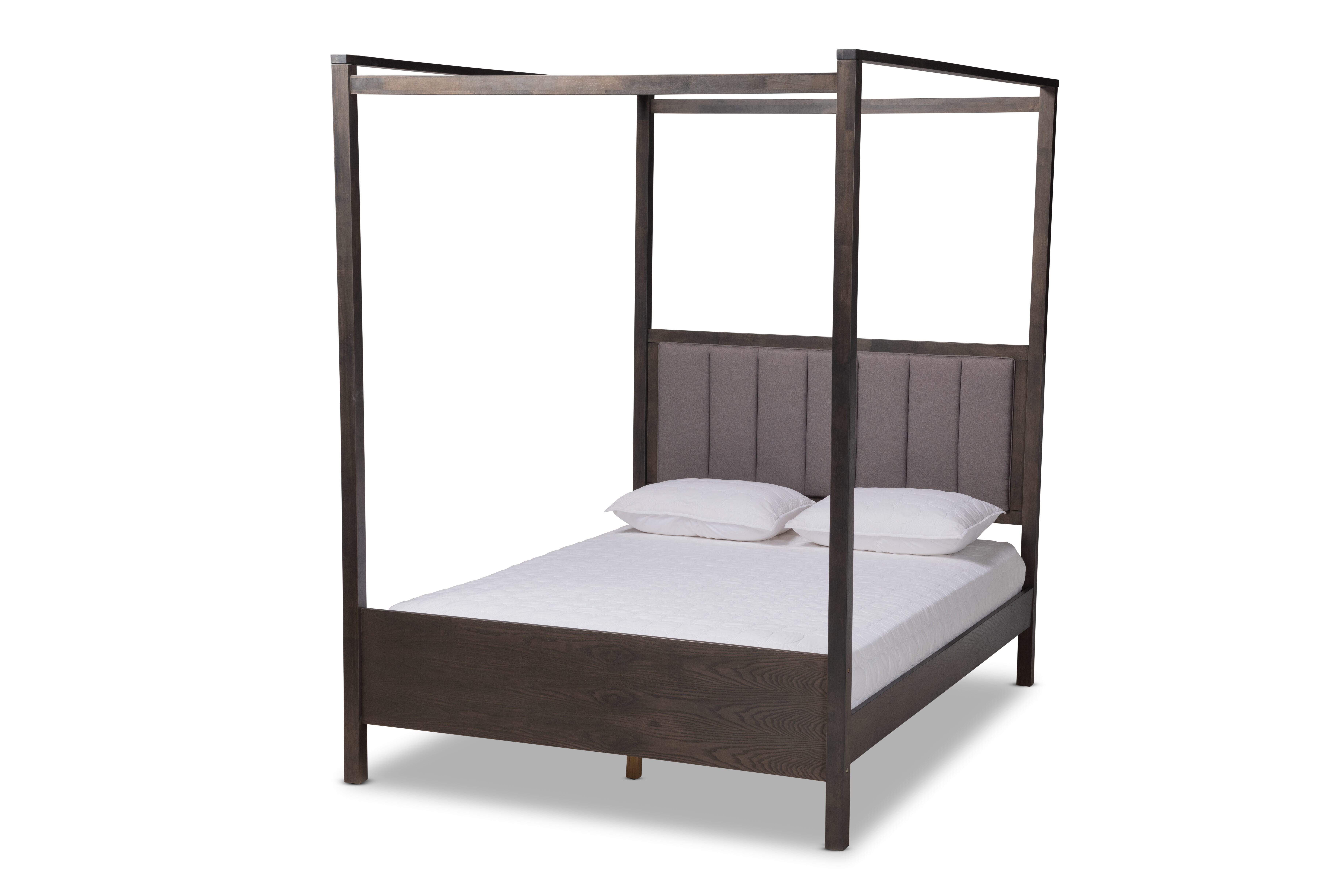 Baxton Studio Nata Upholstered and Oak Wood Queen Platform Canopy Bed, Gray, large