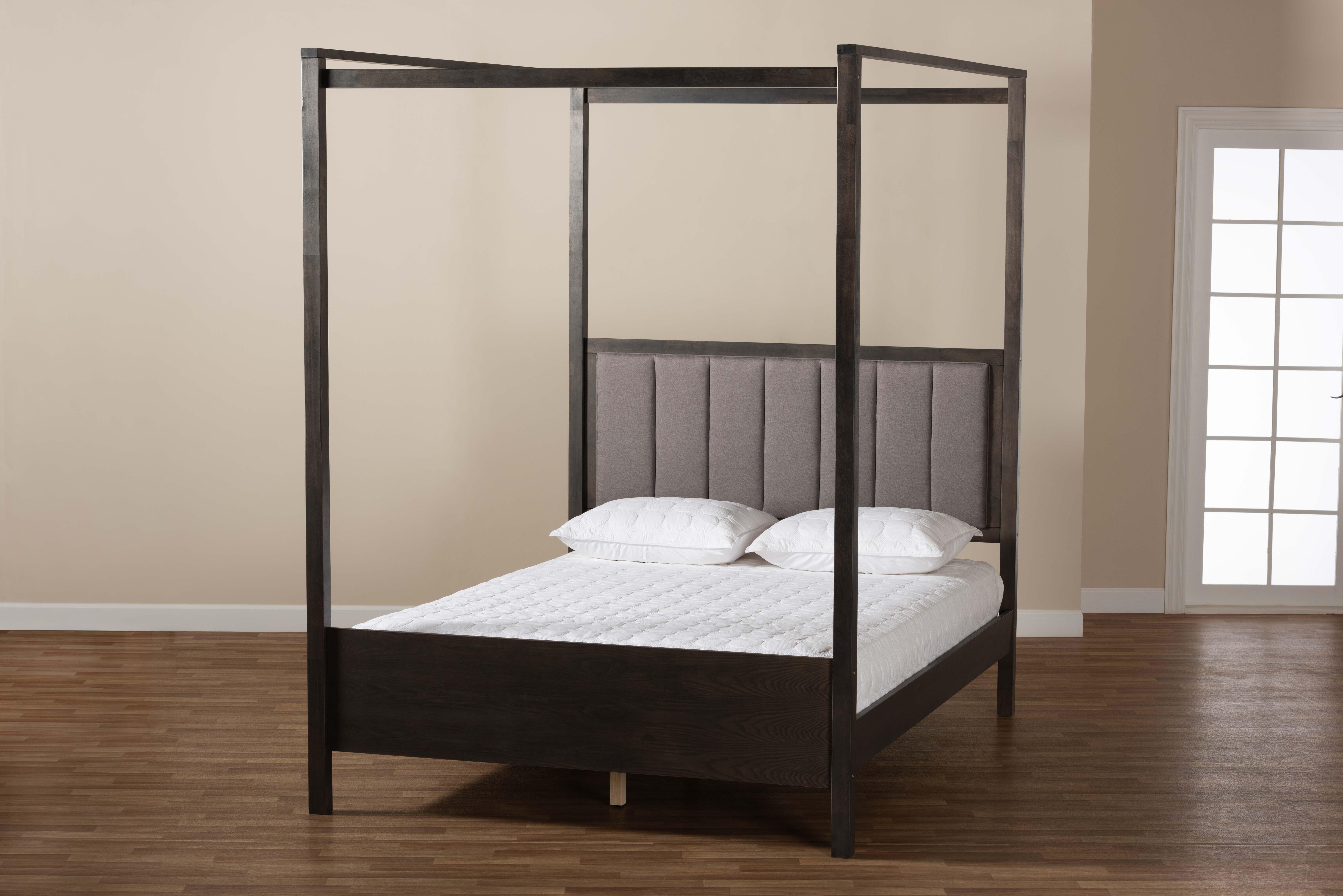 Baxton Studio Nata Upholstered and Oak Wood Queen Platform Canopy Bed, Gray, large