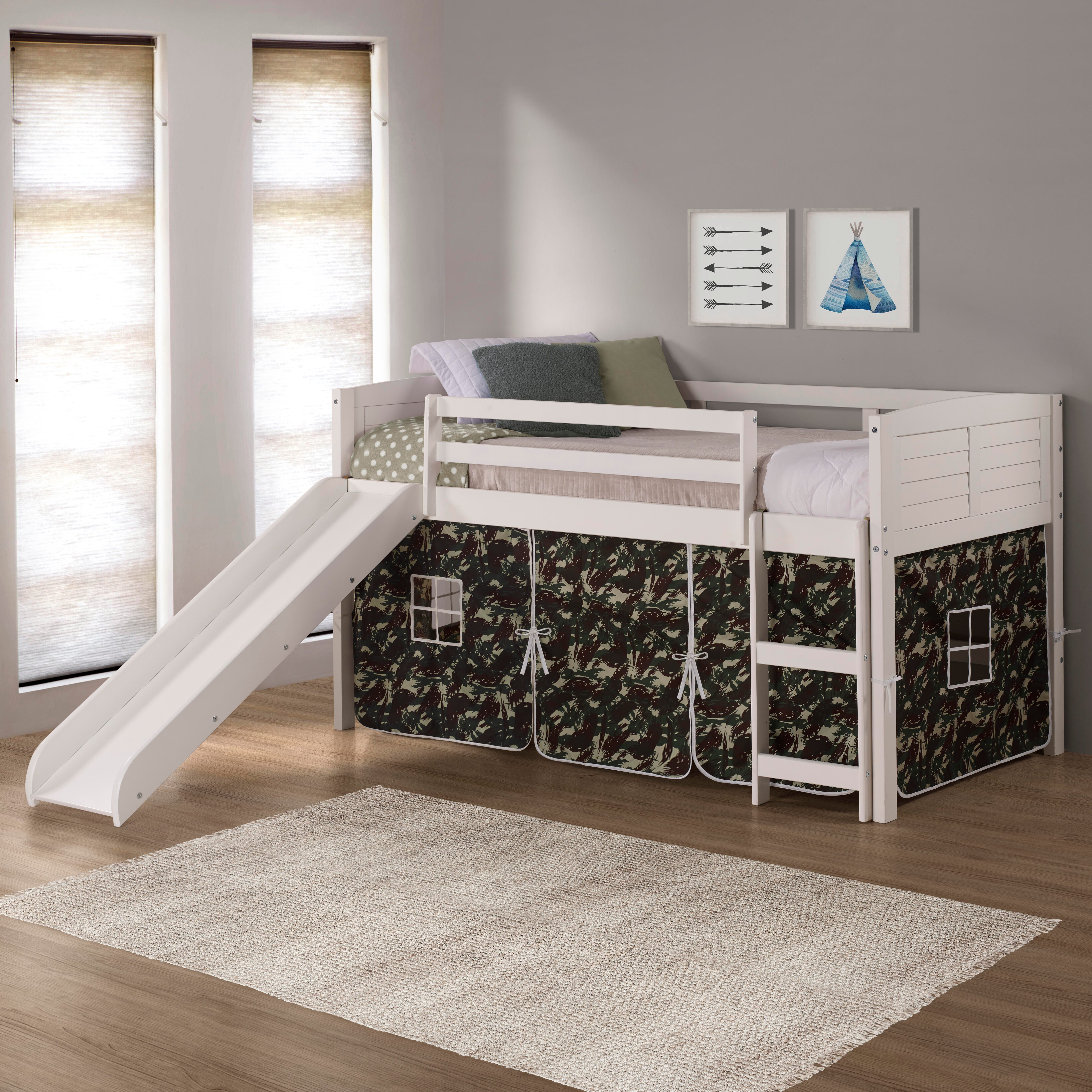 Donco Kids Louver Twin Loft Bed with Slide and Tent, White/Camo, large