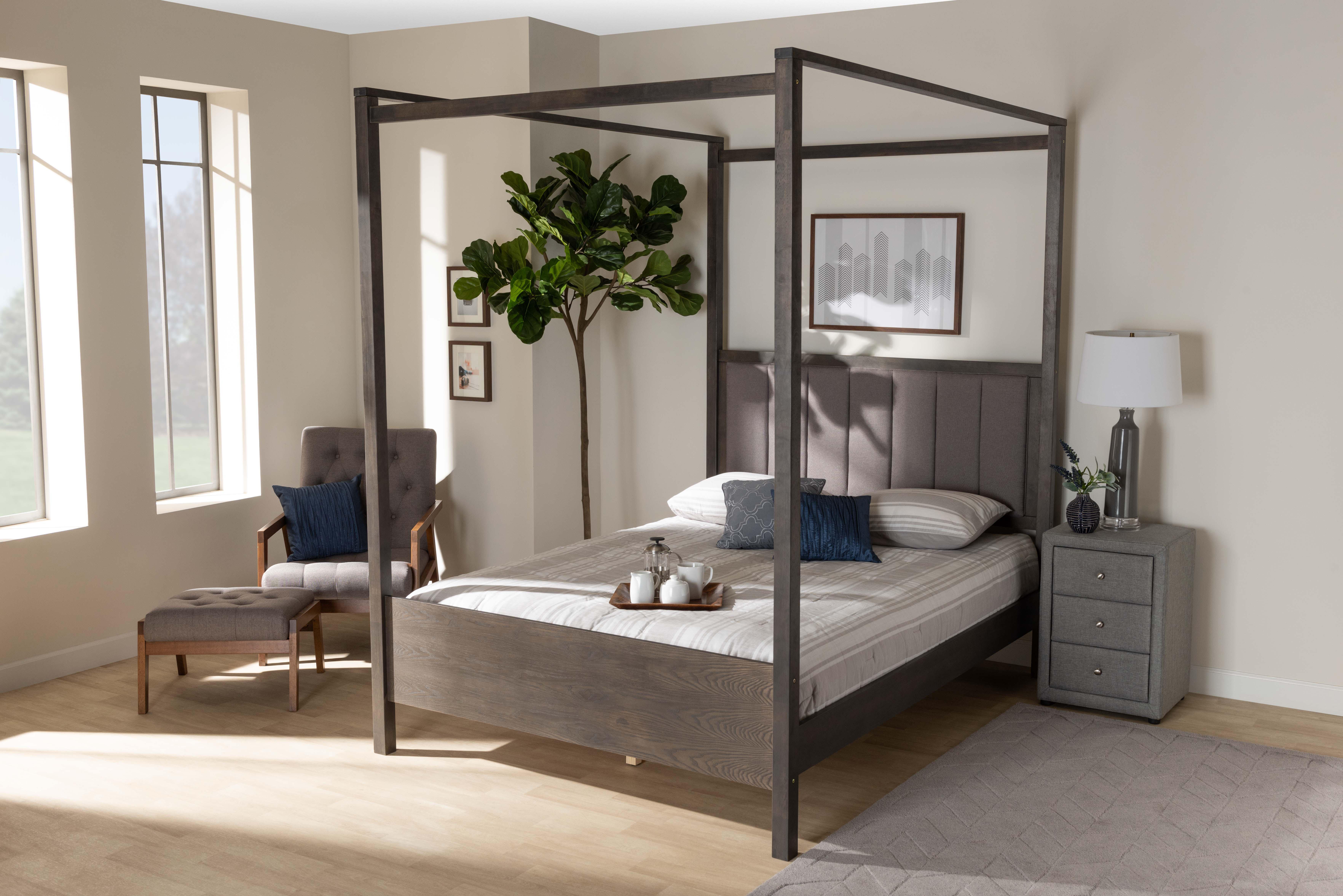 Baxton Studio Nata Upholstered and Oak Wood King Platform Canopy Bed, Gray, large