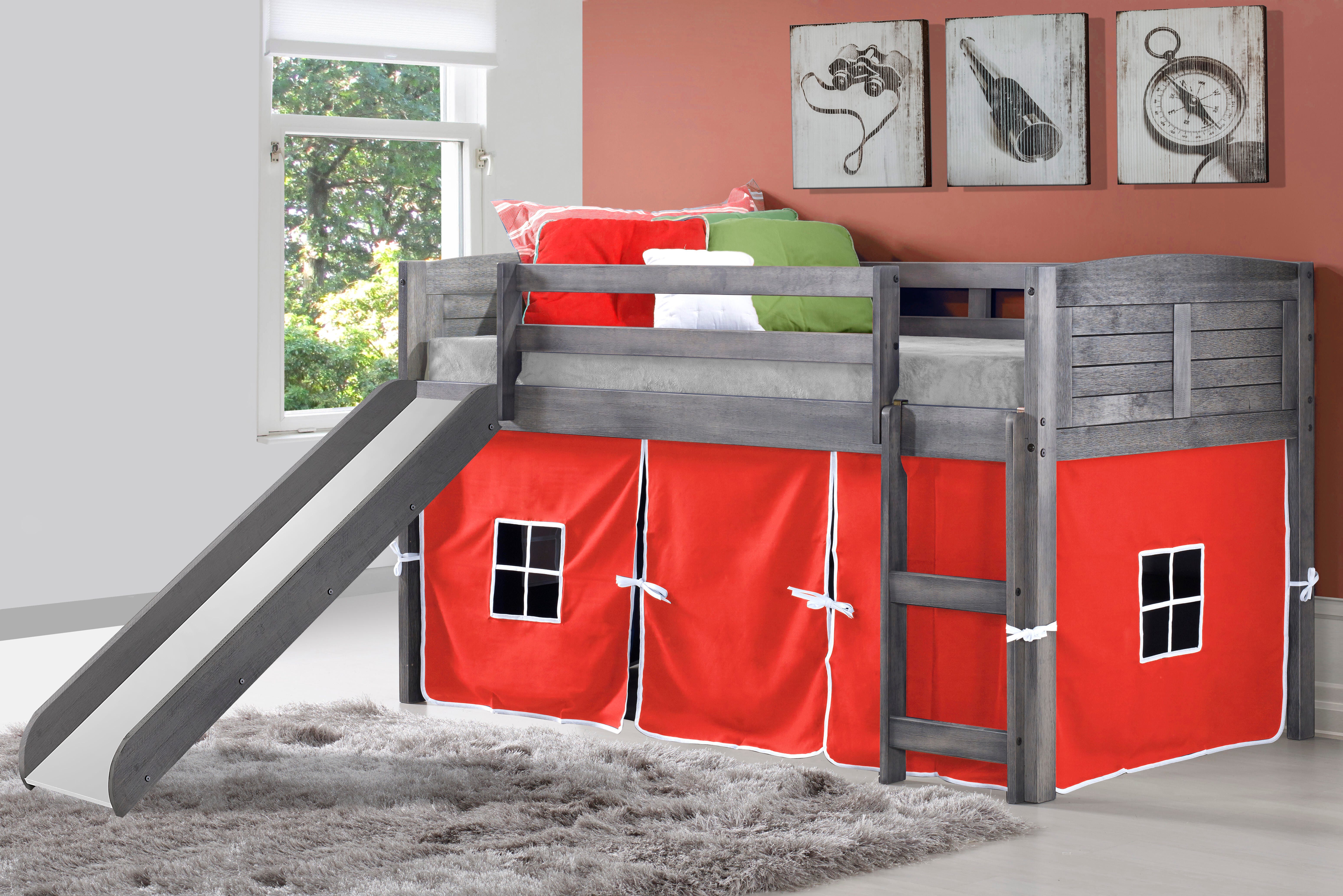Donco Kids Louver Twin Loft Bed with Slide and Tent, Antique Gray/Red, large