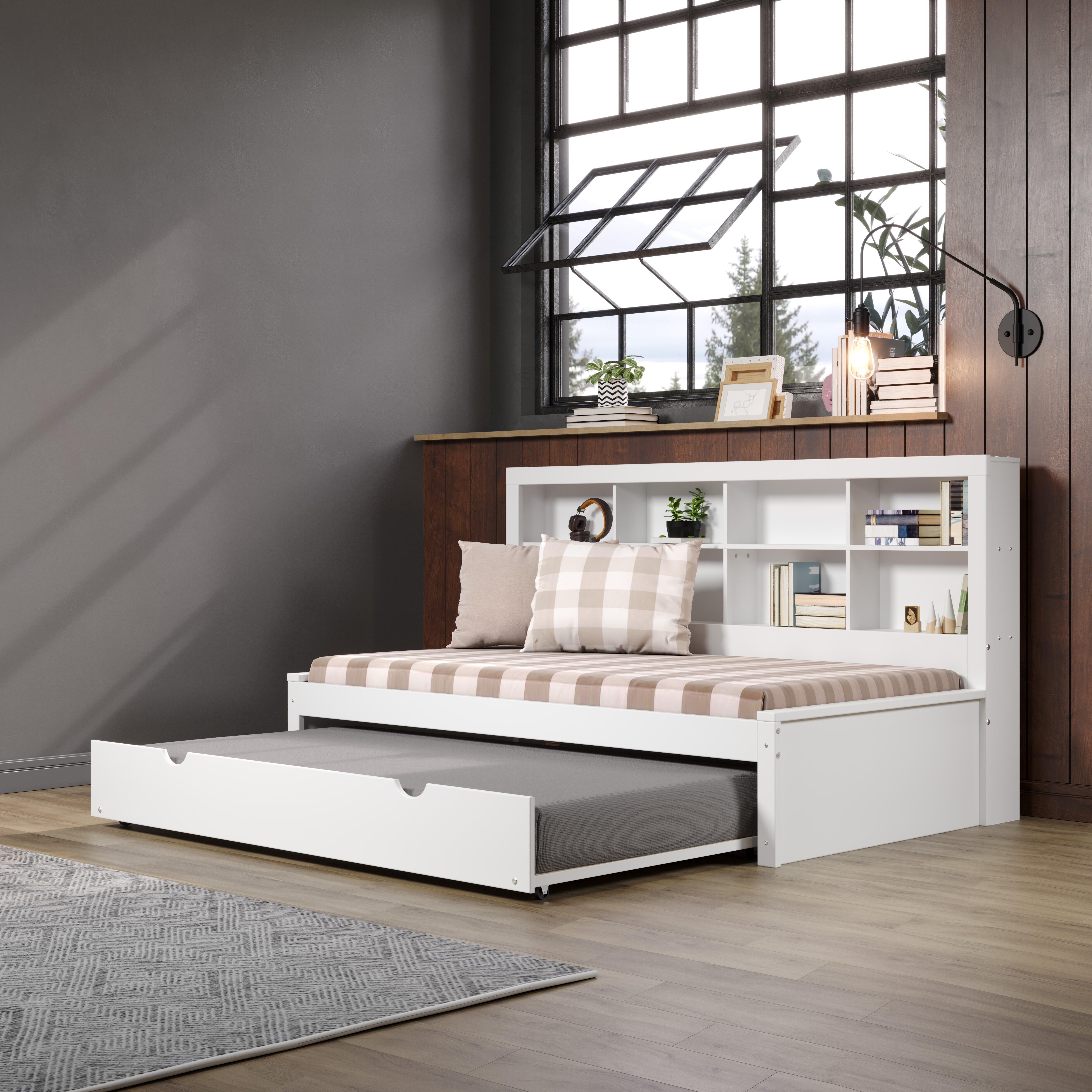 Donco Kids Bookcase Twin Daybed with Twin Trundle, White, large