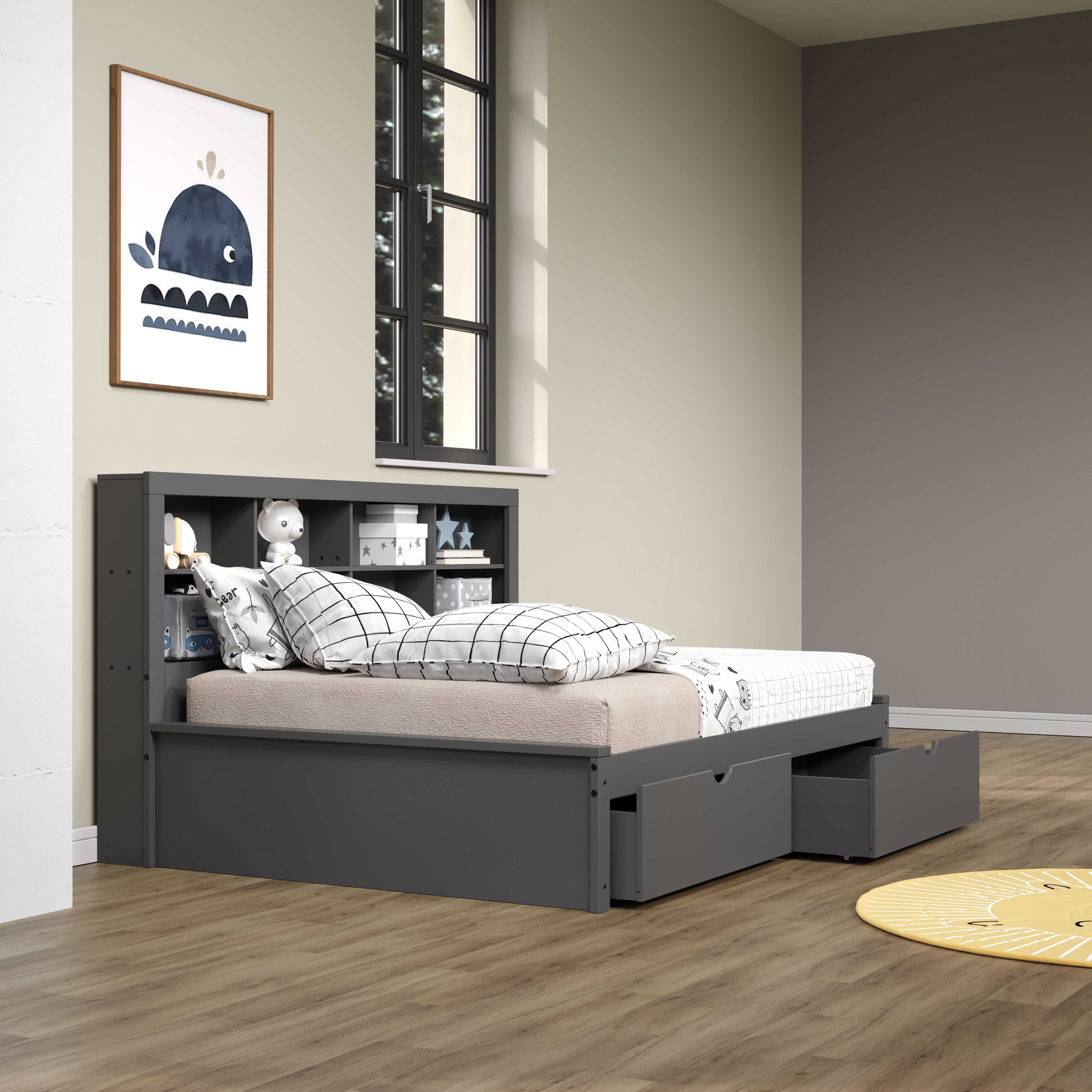 Donco Kids Bookcase Full Daybed with Dual Underbed Drawers, Dark Gray, large