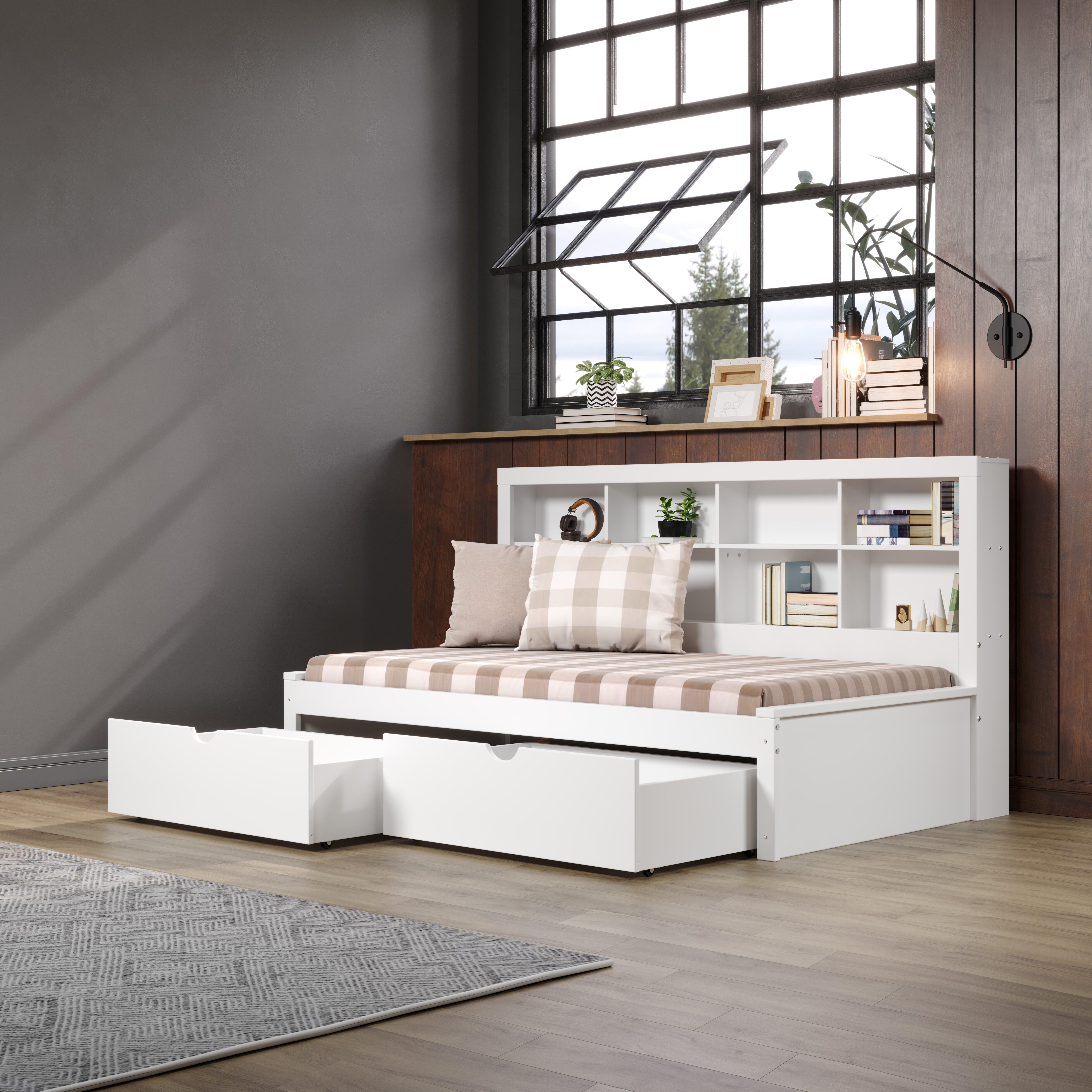 Donco Kids Bookcase Twin Daybed with Dual Underbed Drawers, White, large