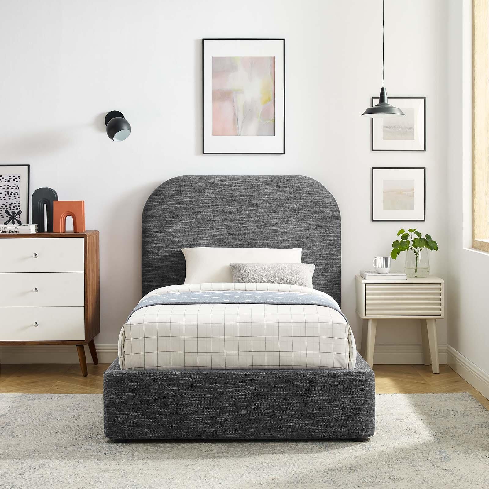 Keynote Upholstered Fabric Curved Twin Platform Bed, Slate, large
