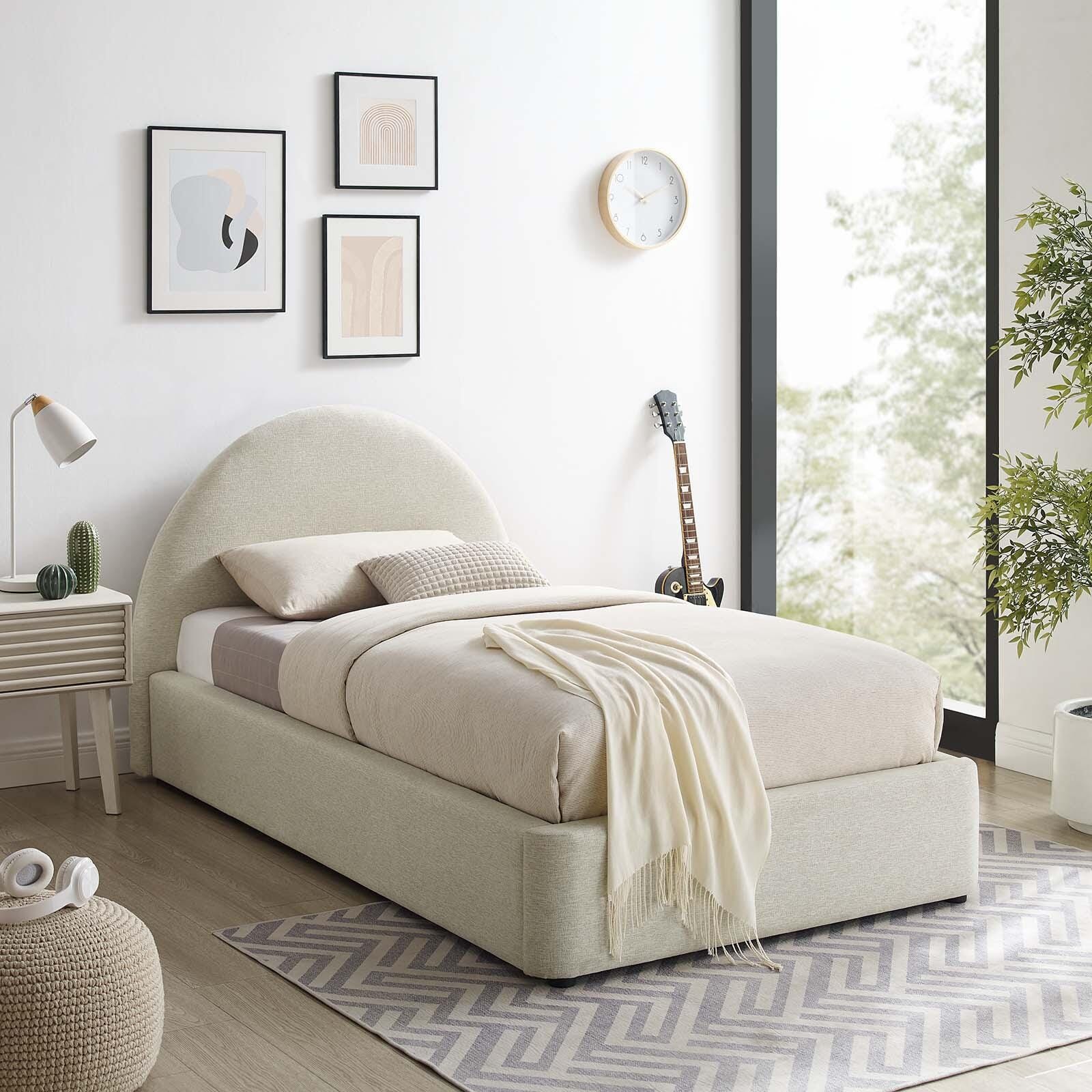 Resort Upholstered Fabric Arched Round Twin Platform Bed, Ivory, large